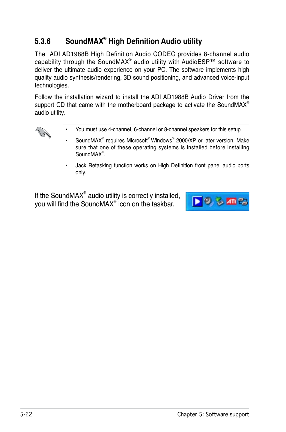 6 soundmax, High definition audio utility, If the soundmax | Icon on the taskbar | Asus M2N-SLI Deluxe User Manual | Page 136 / 164