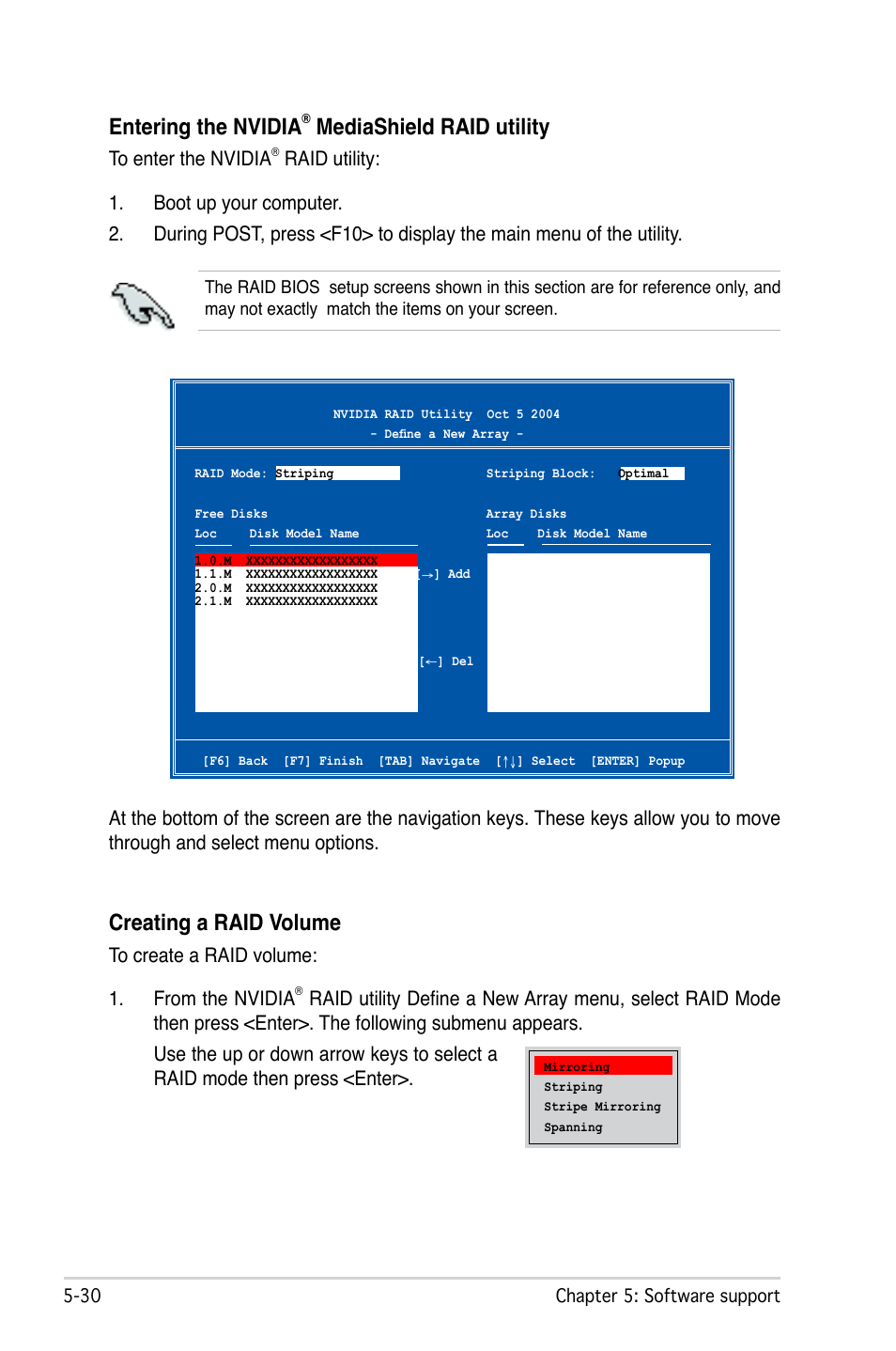 Entering the nvidia, Mediashield raid utility, Creating a raid volume | Asus M2N-SLI Deluxe User Manual | Page 144 / 164