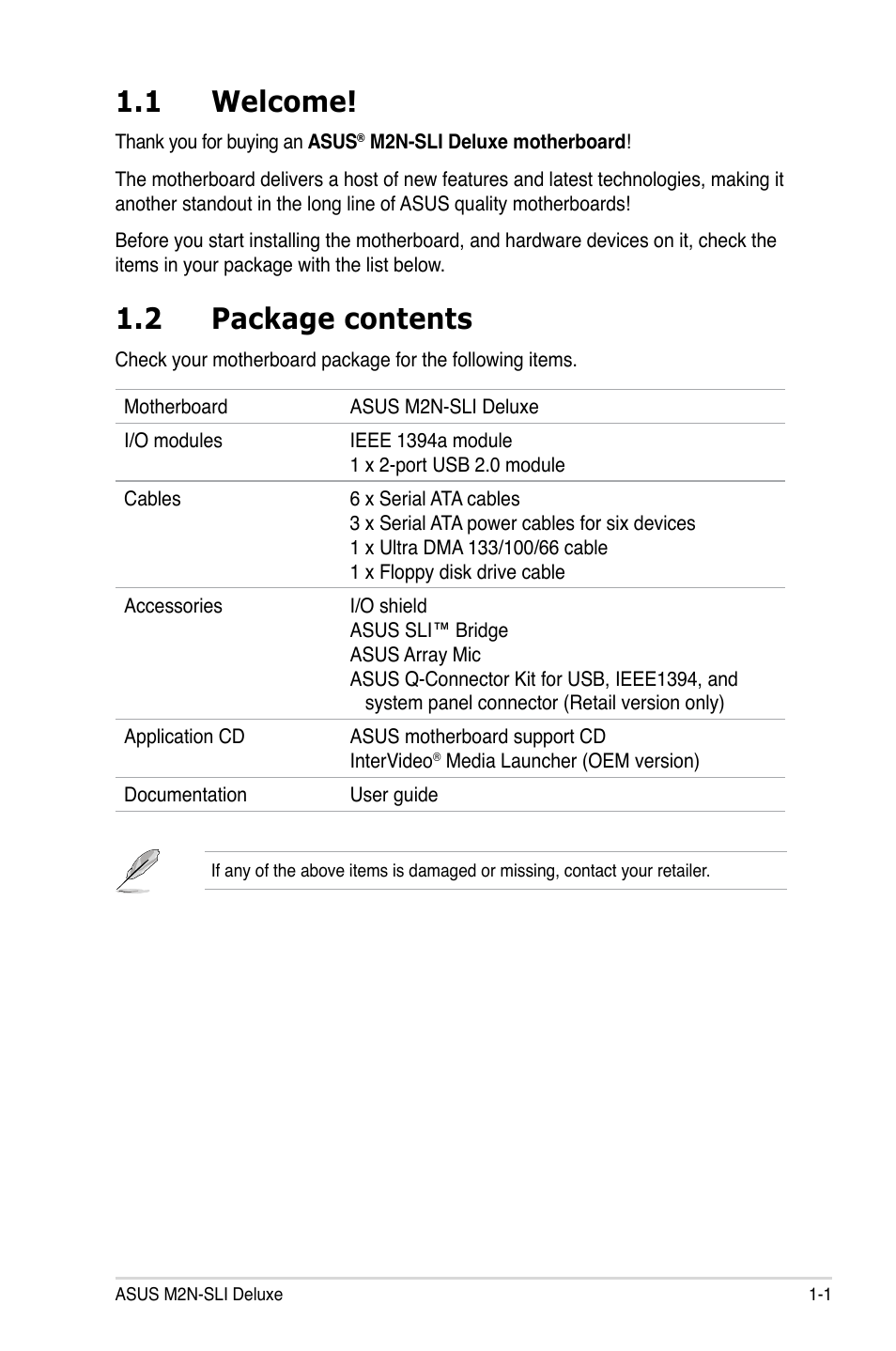 1 welcome, 2 package contents | Asus M2N-SLI Deluxe User Manual | Page 17 / 164