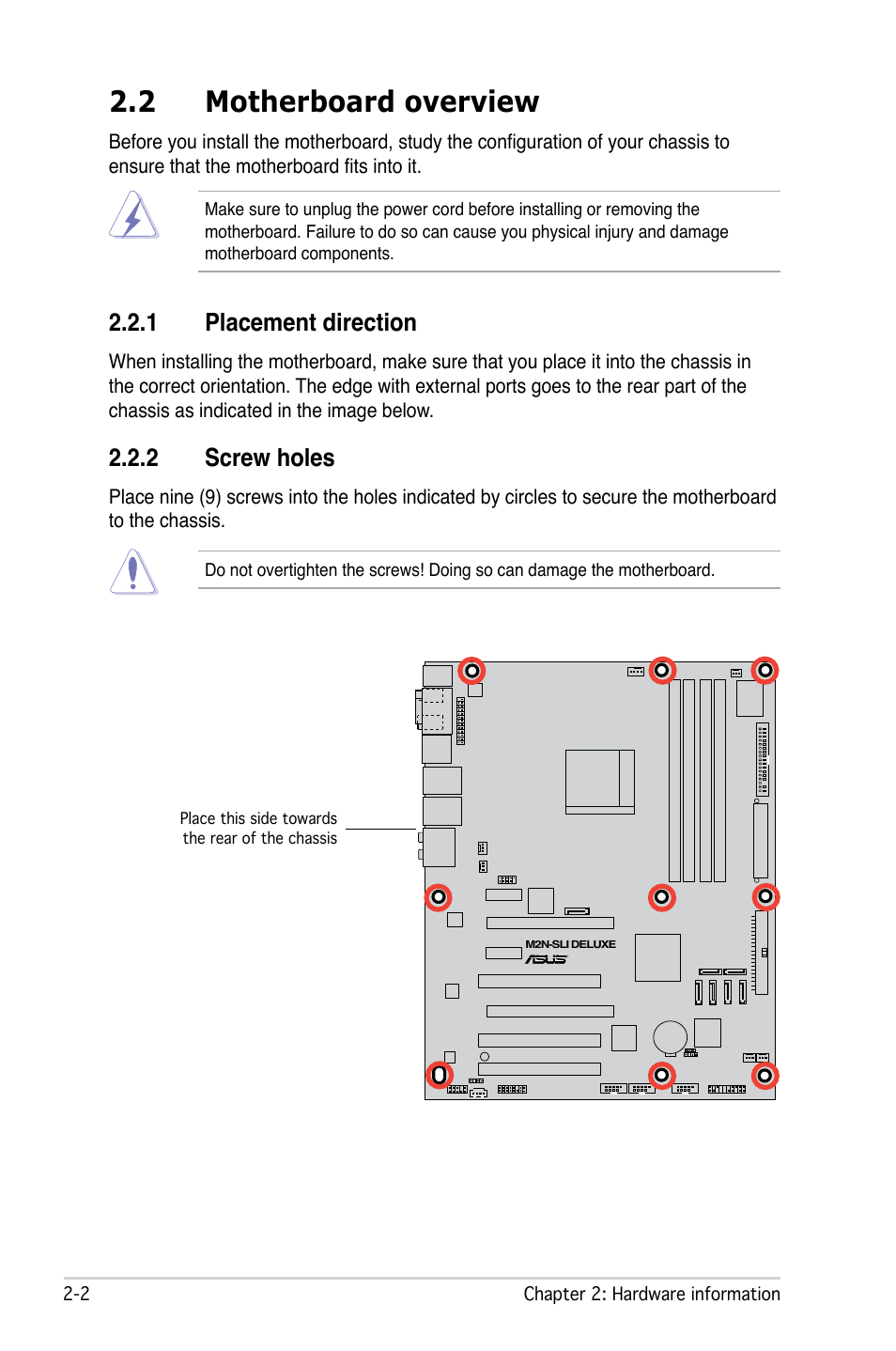 2 motherboard overview, 1 placement direction, 2 screw holes | Asus M2N-SLI Deluxe User Manual | Page 26 / 164