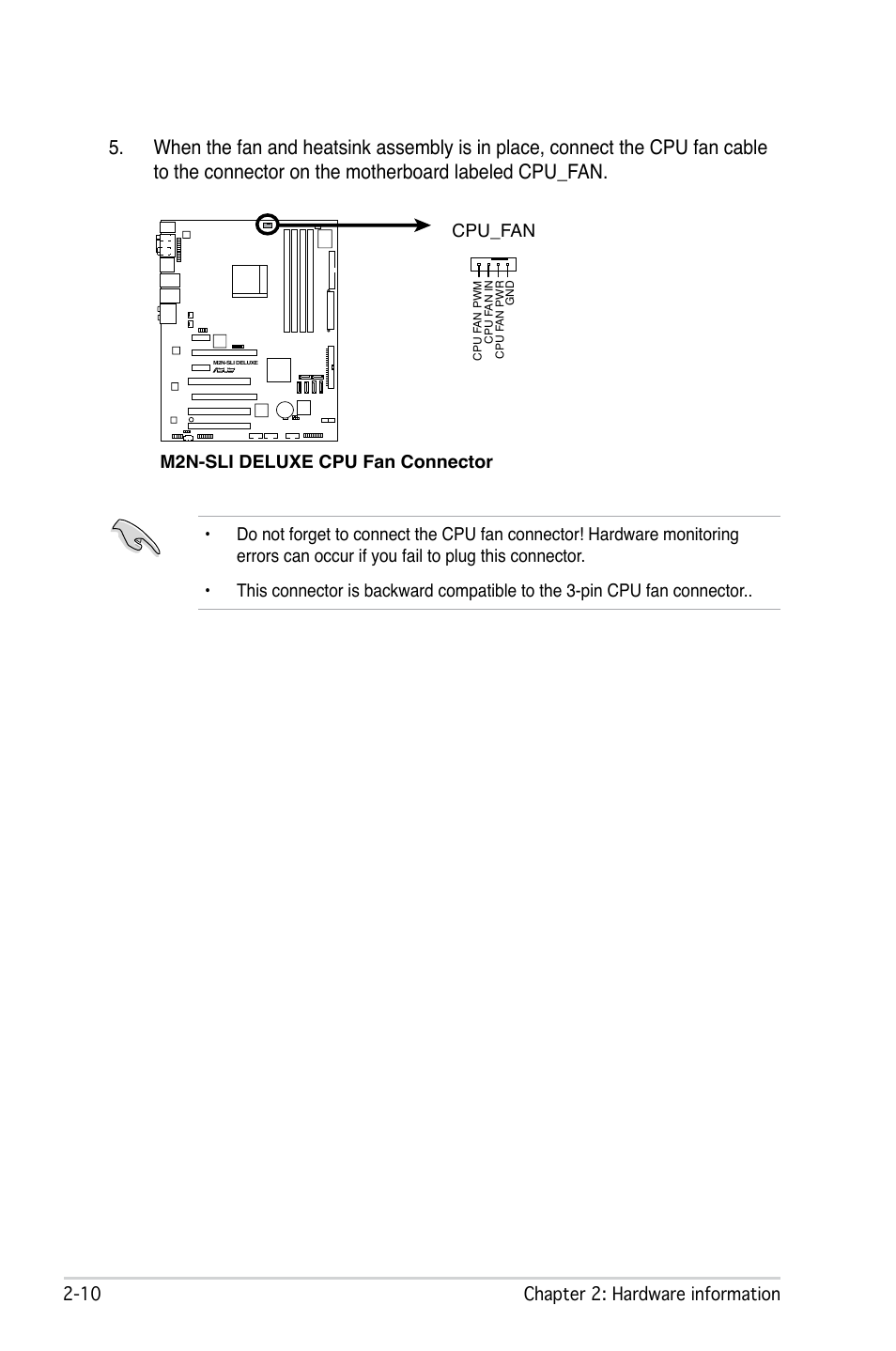 0 chapter 2: hardware information, M2n-sli deluxe cpu fan connector cpu_fan | Asus M2N-SLI Deluxe User Manual | Page 34 / 164