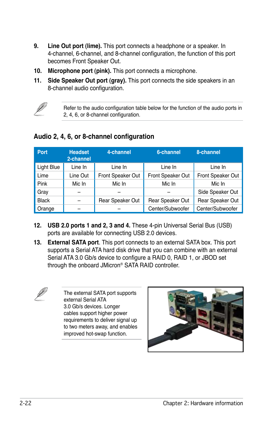 Audio 2, 4, 6, or 8-channel configuration | Asus M2N-SLI Deluxe User Manual | Page 46 / 164