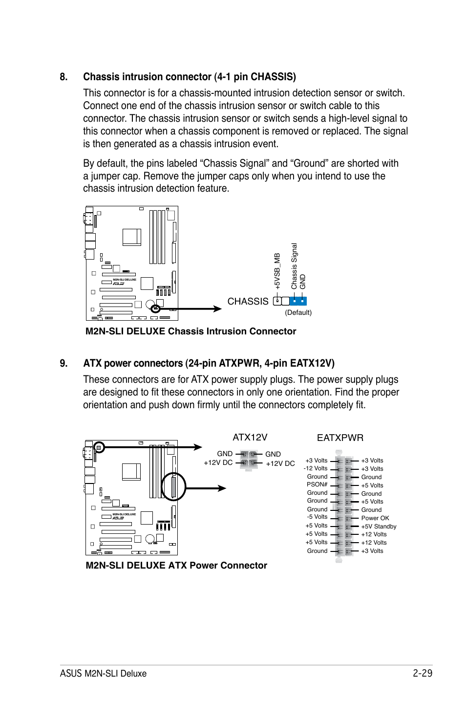 Asus m2n-sli deluxe 2-2, M2n-sli deluxe chassis intrusion connector chassis, M2n-sli deluxe atx power connector | Atx12v eatxpwr | Asus M2N-SLI Deluxe User Manual | Page 53 / 164