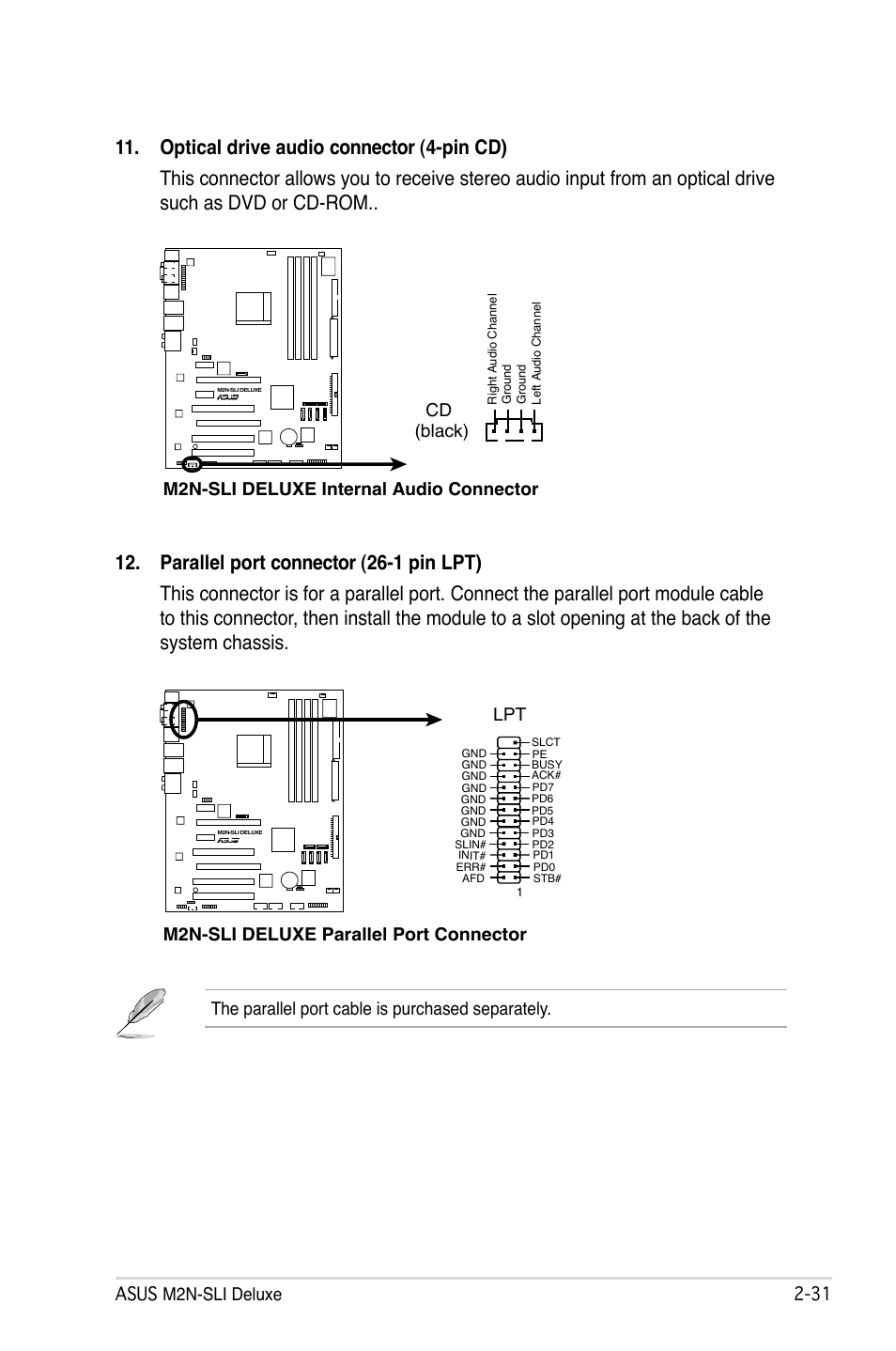 Asus m2n-sli deluxe 2, M2n-sli deluxe parallel port connector lpt | Asus M2N-SLI Deluxe User Manual | Page 55 / 164