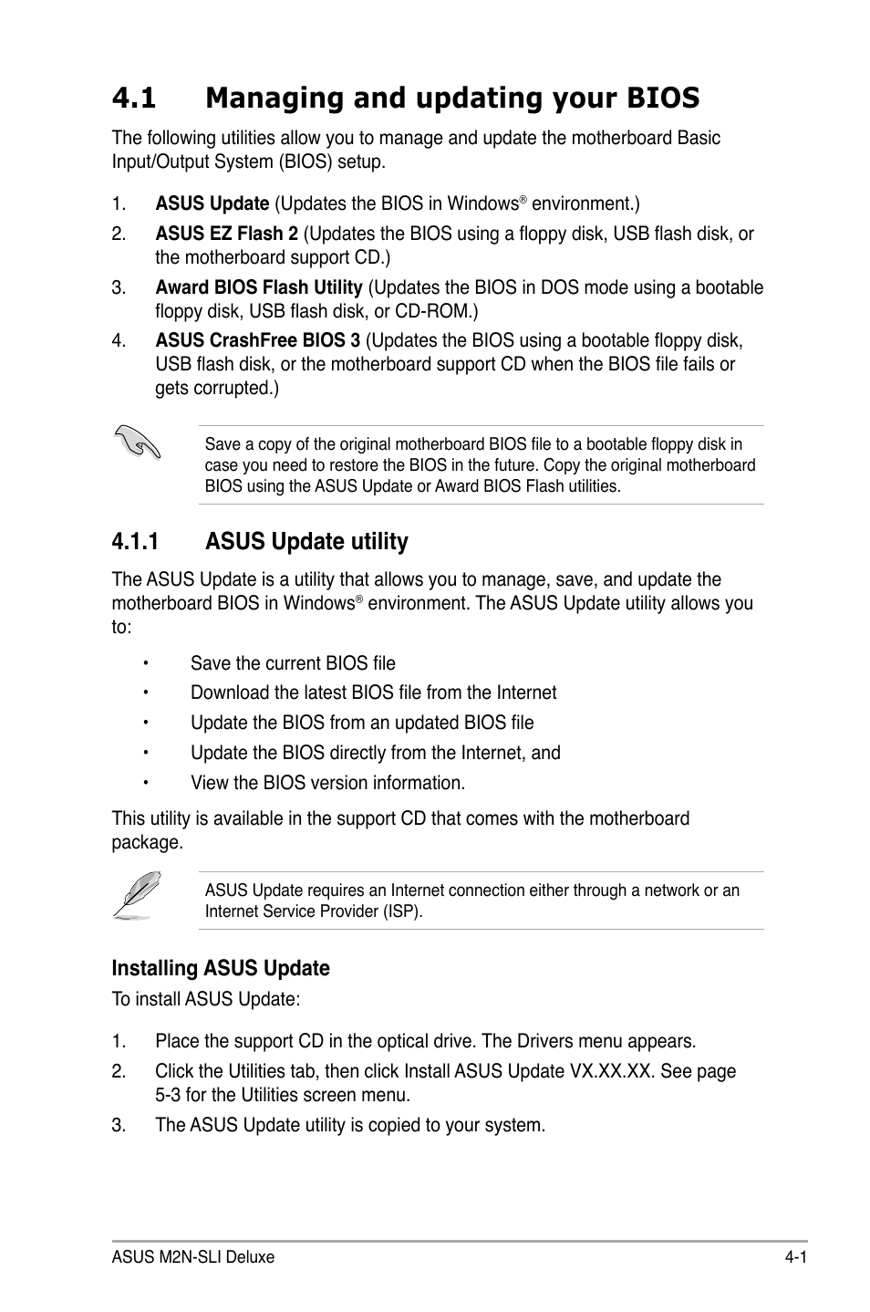 1 managing and updating your bios, 1 asus update utility | Asus M2N-SLI Deluxe User Manual | Page 65 / 164