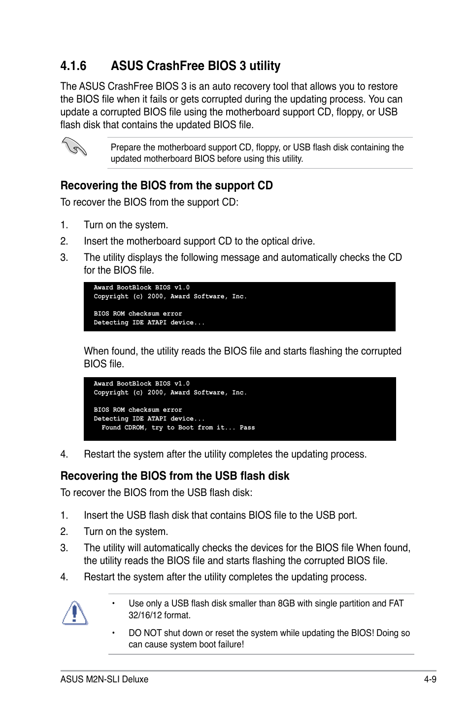 6 asus crashfree bios 3 utility, Recovering the bios from the support cd, Recovering the bios from the usb flash disk | Asus M2N-SLI Deluxe User Manual | Page 73 / 164