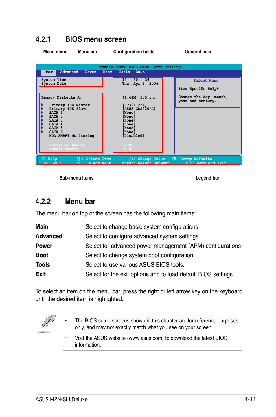 1 bios menu screen, 2 menu bar | Asus M2N-SLI Deluxe User Manual | Page 75 / 164