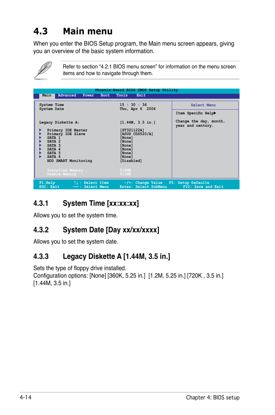 3 main menu, 1 system time [xx:xx:xx, Allows you to set the system time | Allows you to set the system date | Asus M2N-SLI Deluxe User Manual | Page 78 / 164