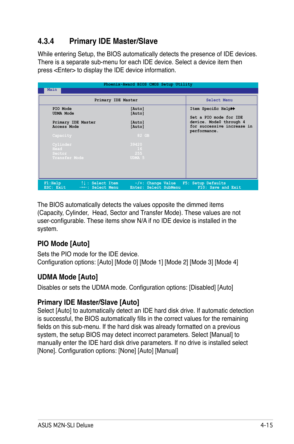 4 primary ide master/slave, Pio mode [auto, Udma mode [auto | Primary ide master/slave [auto | Asus M2N-SLI Deluxe User Manual | Page 79 / 164