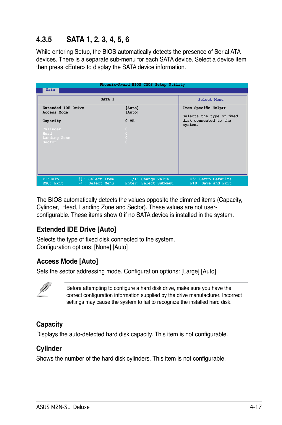 Extended ide drive [auto, Access mode [auto, Capacity | Cylinder | Asus M2N-SLI Deluxe User Manual | Page 81 / 164