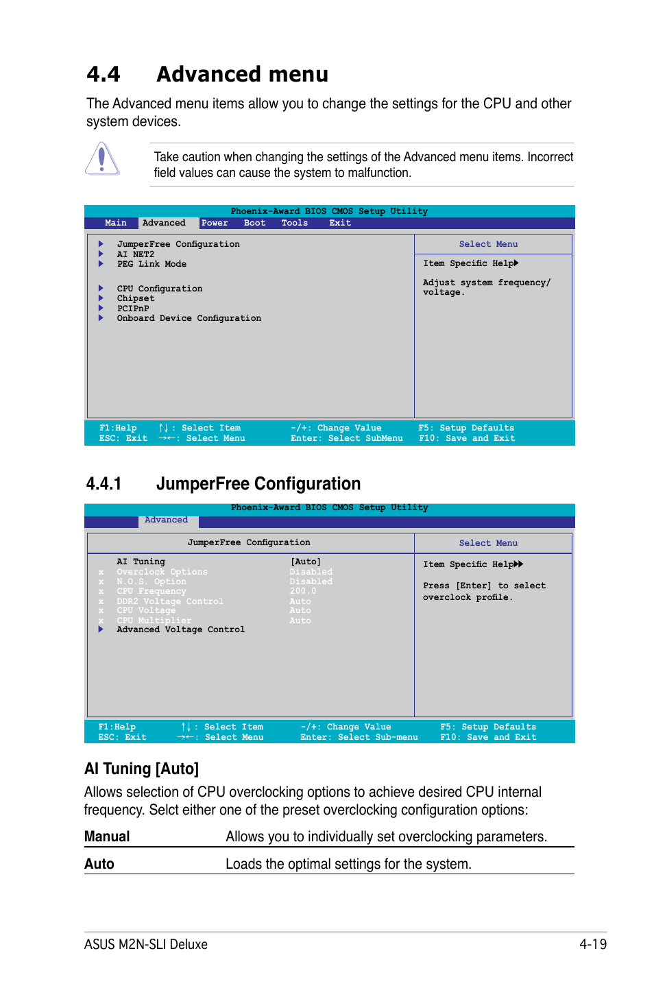 4 advanced menu, 1 jumperfree configuration, Ai tuning [auto | Asus M2N-SLI Deluxe User Manual | Page 83 / 164