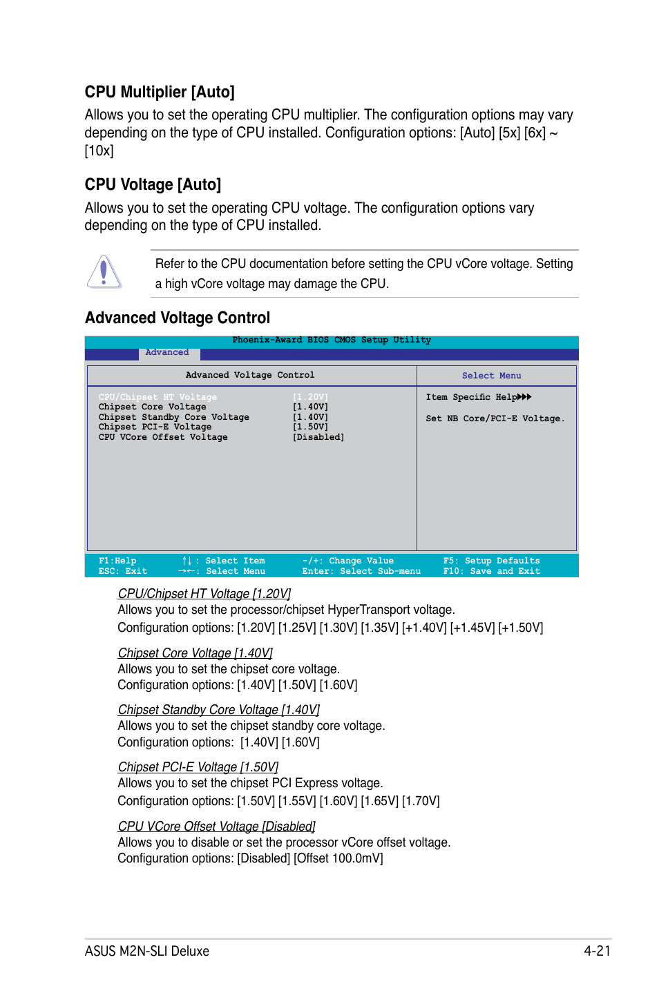 Cpu multiplier [auto, Cpu voltage [auto, Advanced voltage control | Asus M2N-SLI Deluxe User Manual | Page 85 / 164