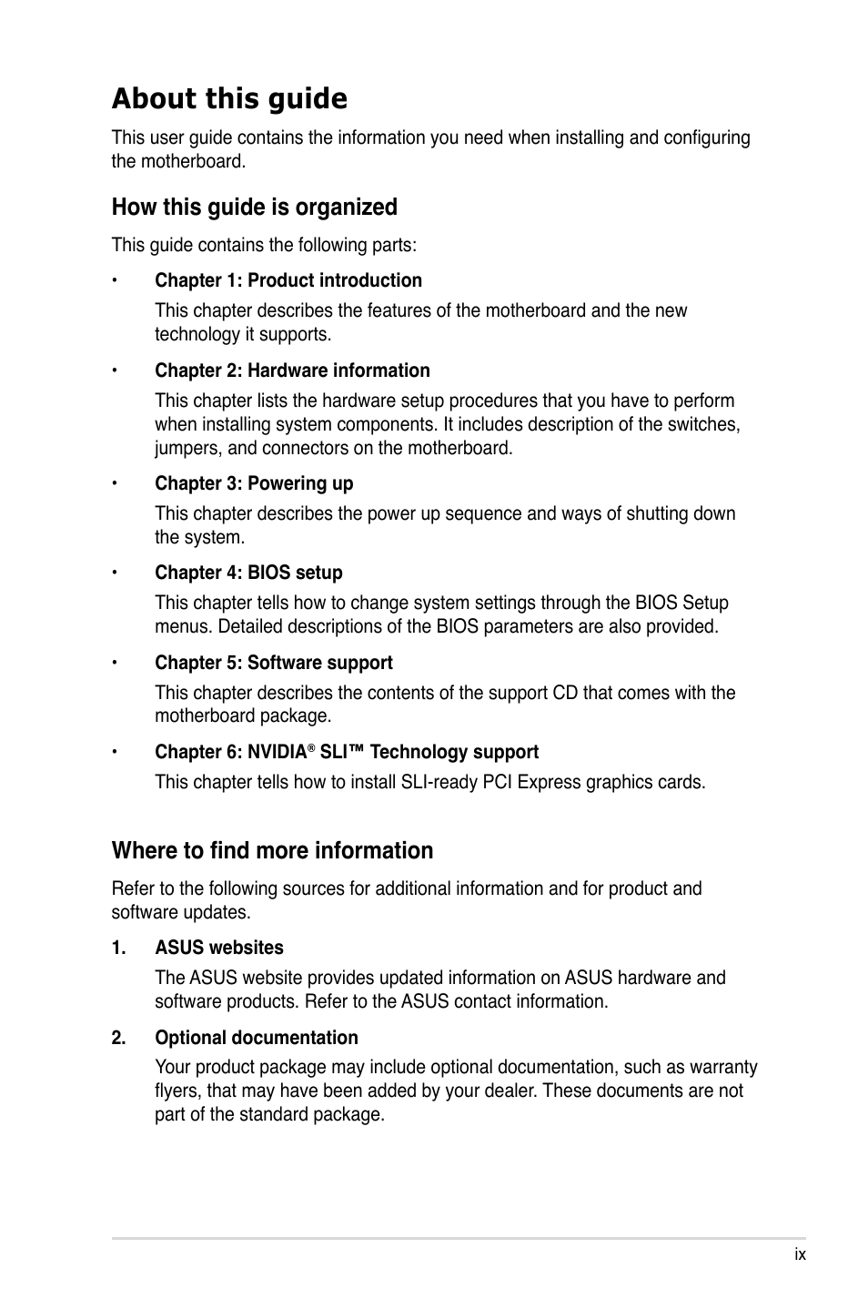 About this guide, How this guide is organized, Where to find more information | Asus M2N-SLI Deluxe User Manual | Page 9 / 164