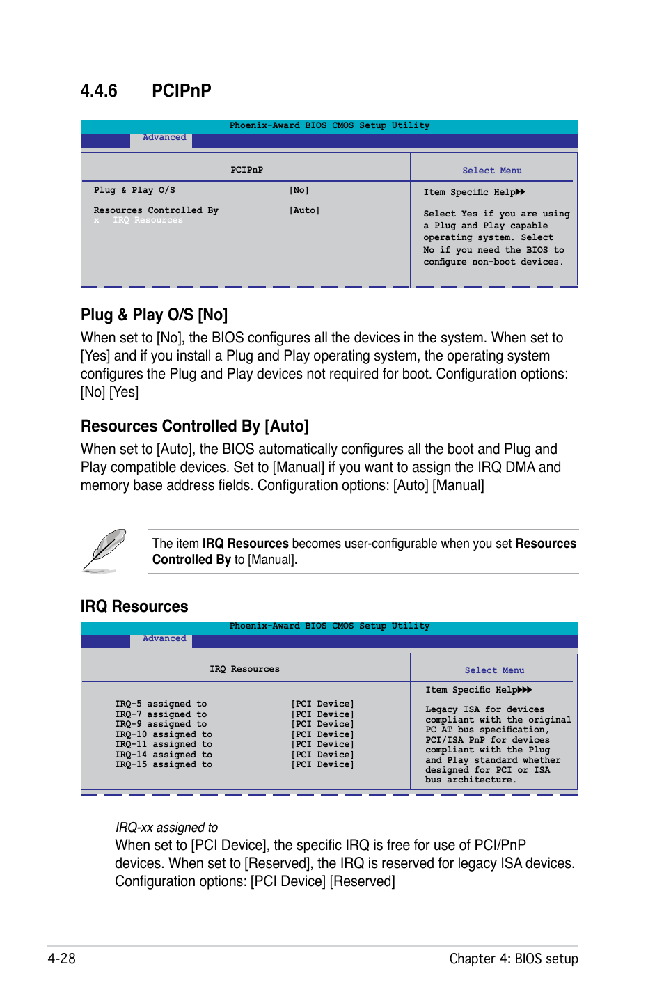 6 pcipnp, Plug & play o/s [no, Resources controlled by [auto | Irq resources | Asus M2N-SLI Deluxe User Manual | Page 92 / 164