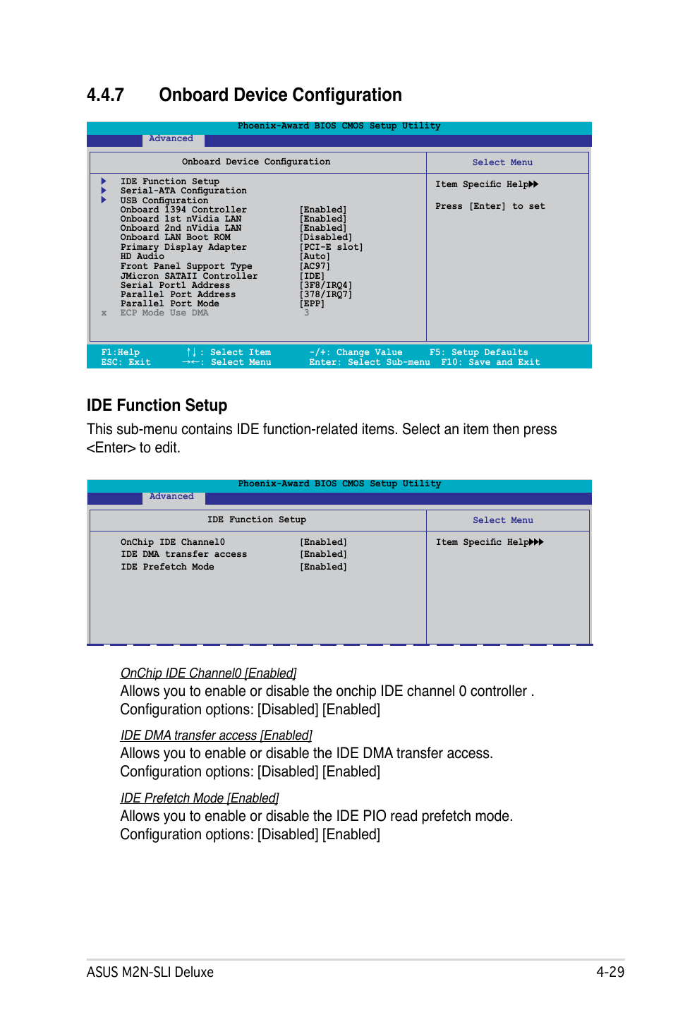 7 onboard device configuration, Ide function setup, Asus m2n-sli deluxe -2 | Onchip ide channel0 [enabled, Ide dma transfer access [enabled, Ide prefetch mode [enabled | Asus M2N-SLI Deluxe User Manual | Page 93 / 164