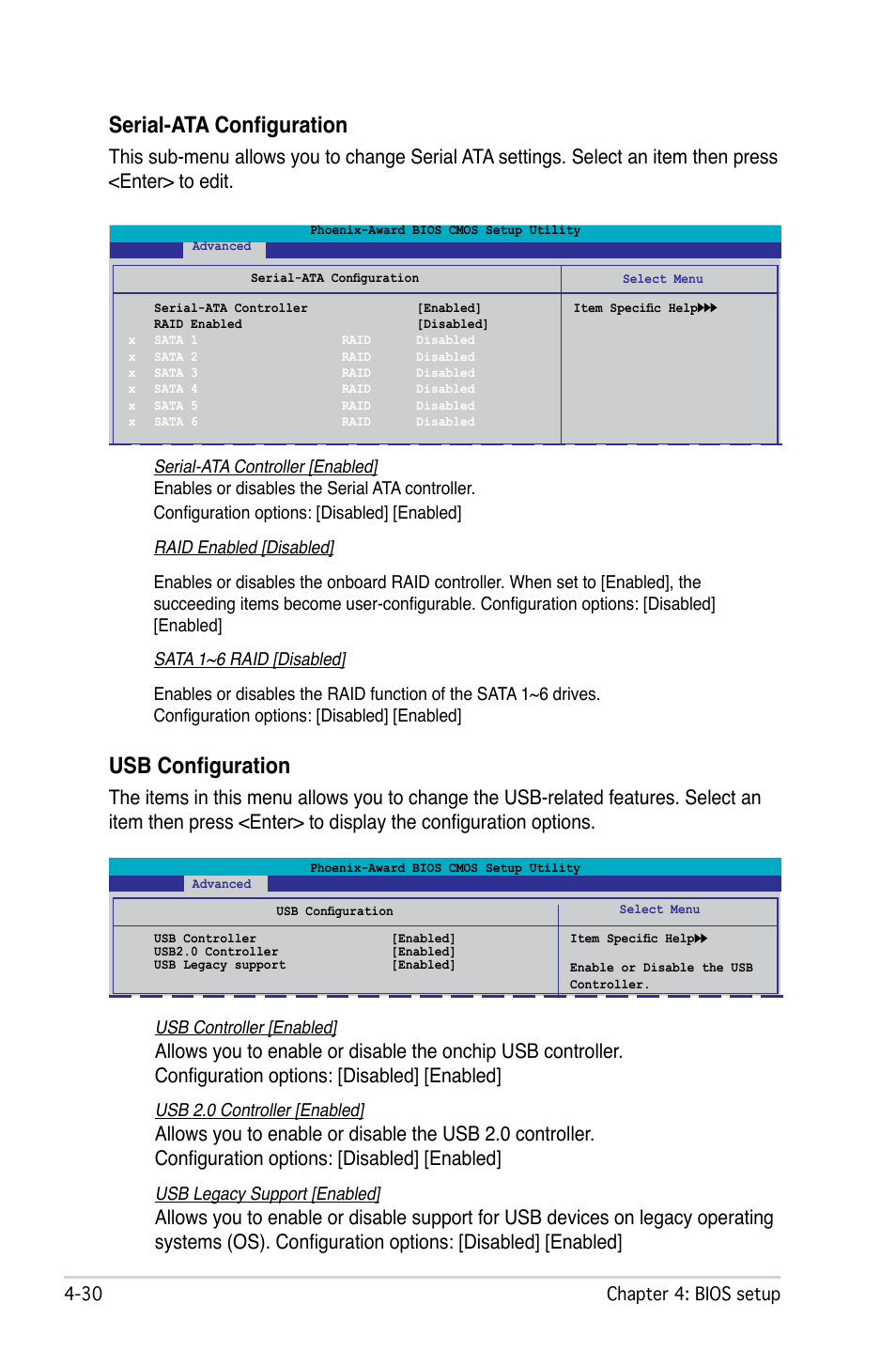 Serial-ata configuration, Usb configuration | Asus M2N-SLI Deluxe User Manual | Page 94 / 164