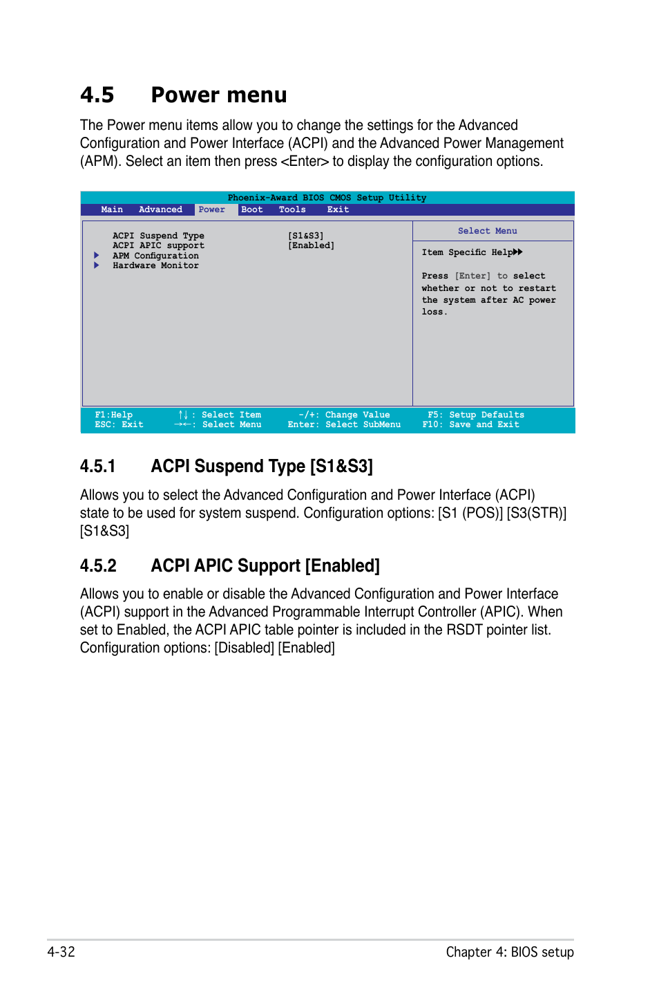 5 power menu, 1 acpi suspend type [s1&s3, 2 acpi apic support [enabled | Asus M2N-SLI Deluxe User Manual | Page 96 / 164