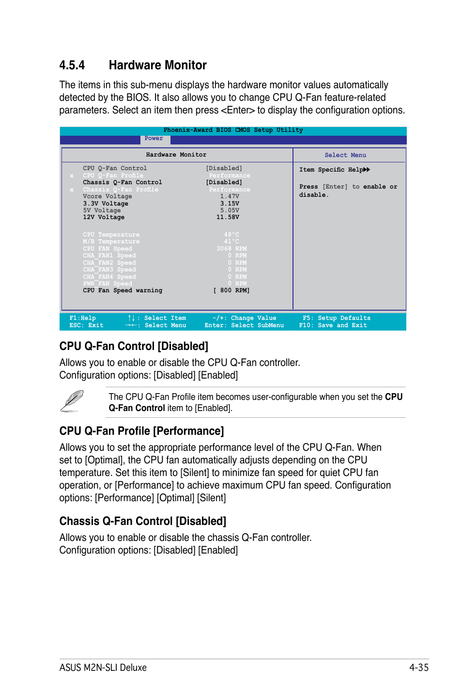 4 hardware monitor, Cpu q-fan control [disabled, Cpu q-fan profile [performance | Chassis q-fan control [disabled | Asus M2N-SLI Deluxe User Manual | Page 99 / 164