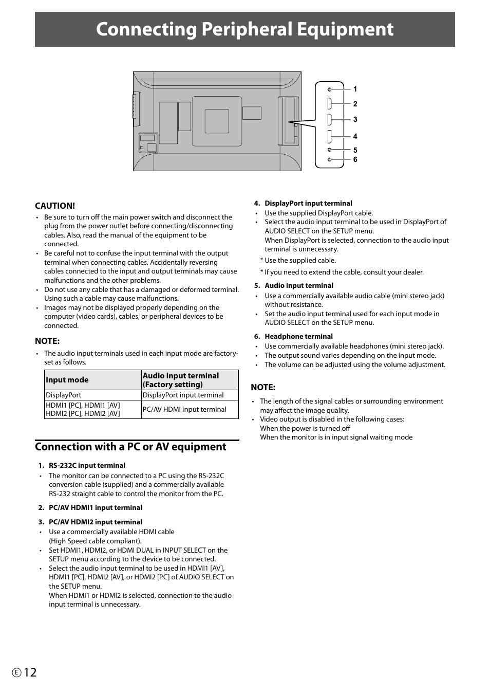 Connecting peripheral equipment, Connection with a pc or av equipment | Asus PQ321Q User Manual | Page 12 / 38