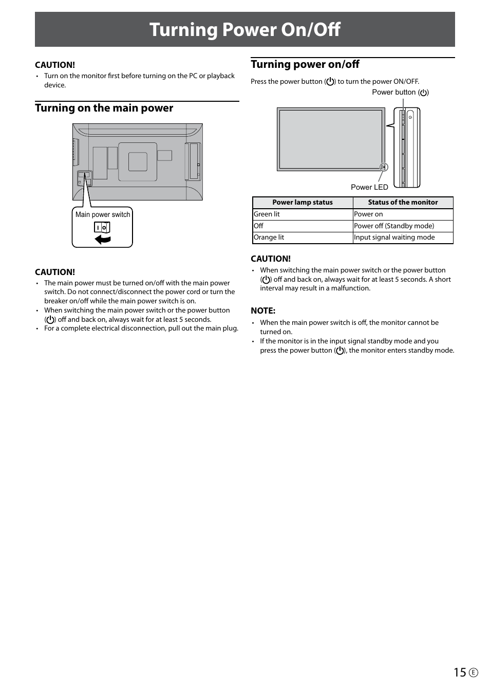 Turning power on/off, Turning on the main power, Turning on the main power turning power on/off | Asus PQ321Q User Manual | Page 15 / 38