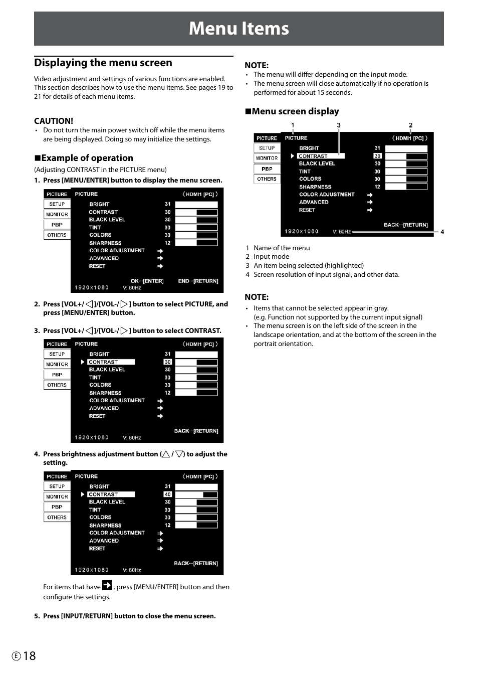 Menu items, Displaying the menu screen | Asus PQ321Q User Manual | Page 18 / 38