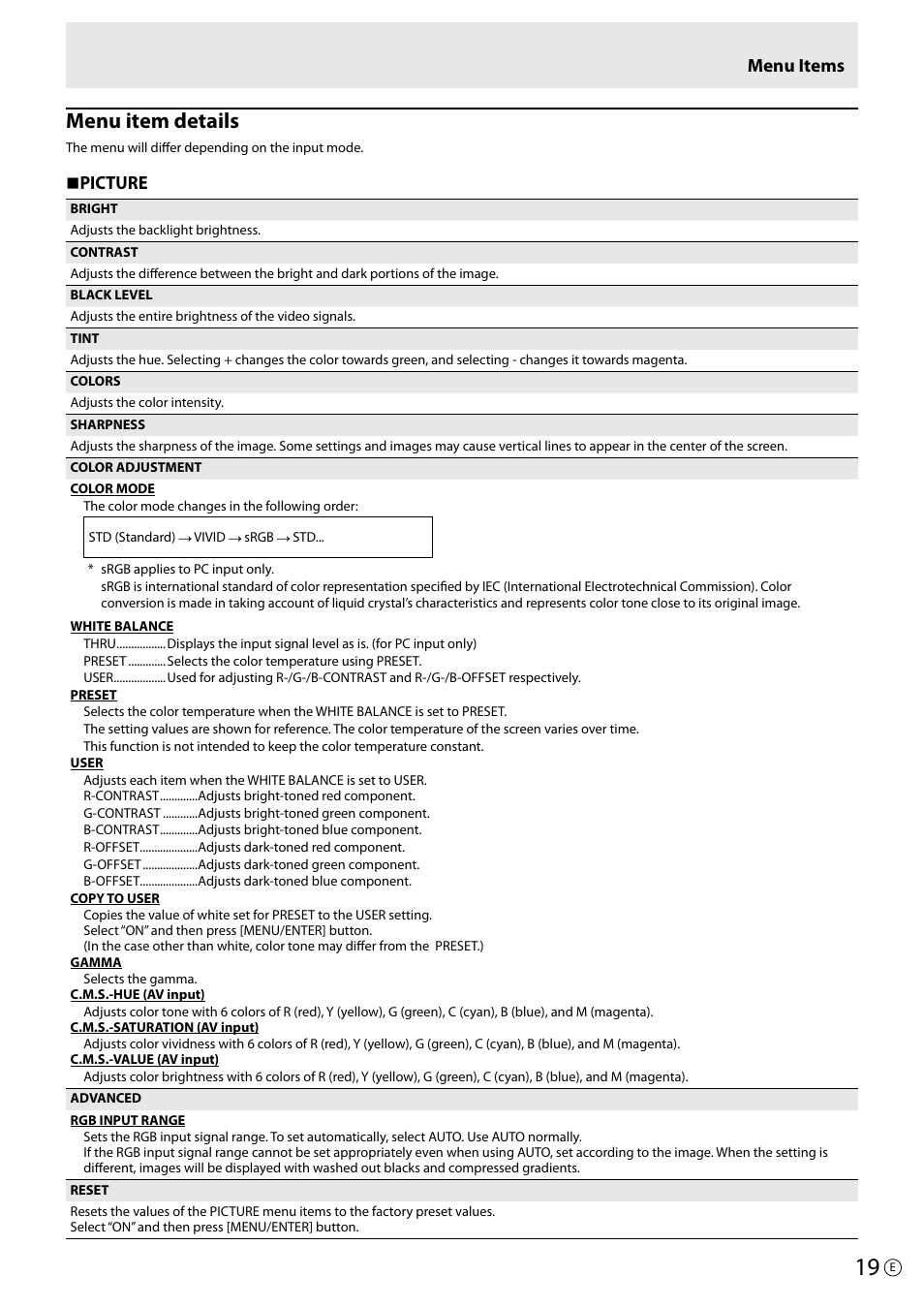 Menu item details, N picture, Menu items | Asus PQ321Q User Manual | Page 19 / 38