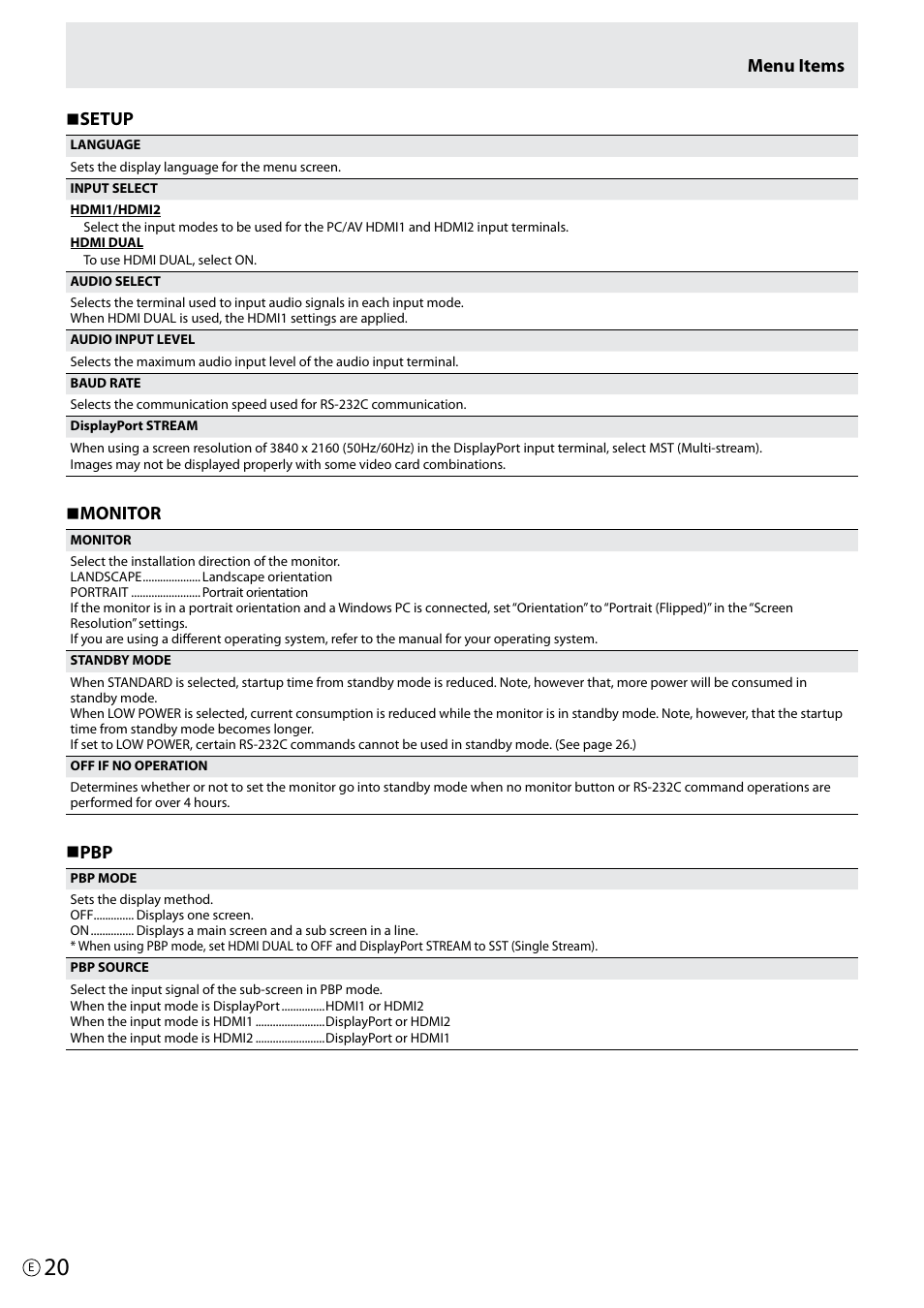 N setup, N monitor, N pbp | Menu items | Asus PQ321Q User Manual | Page 20 / 38