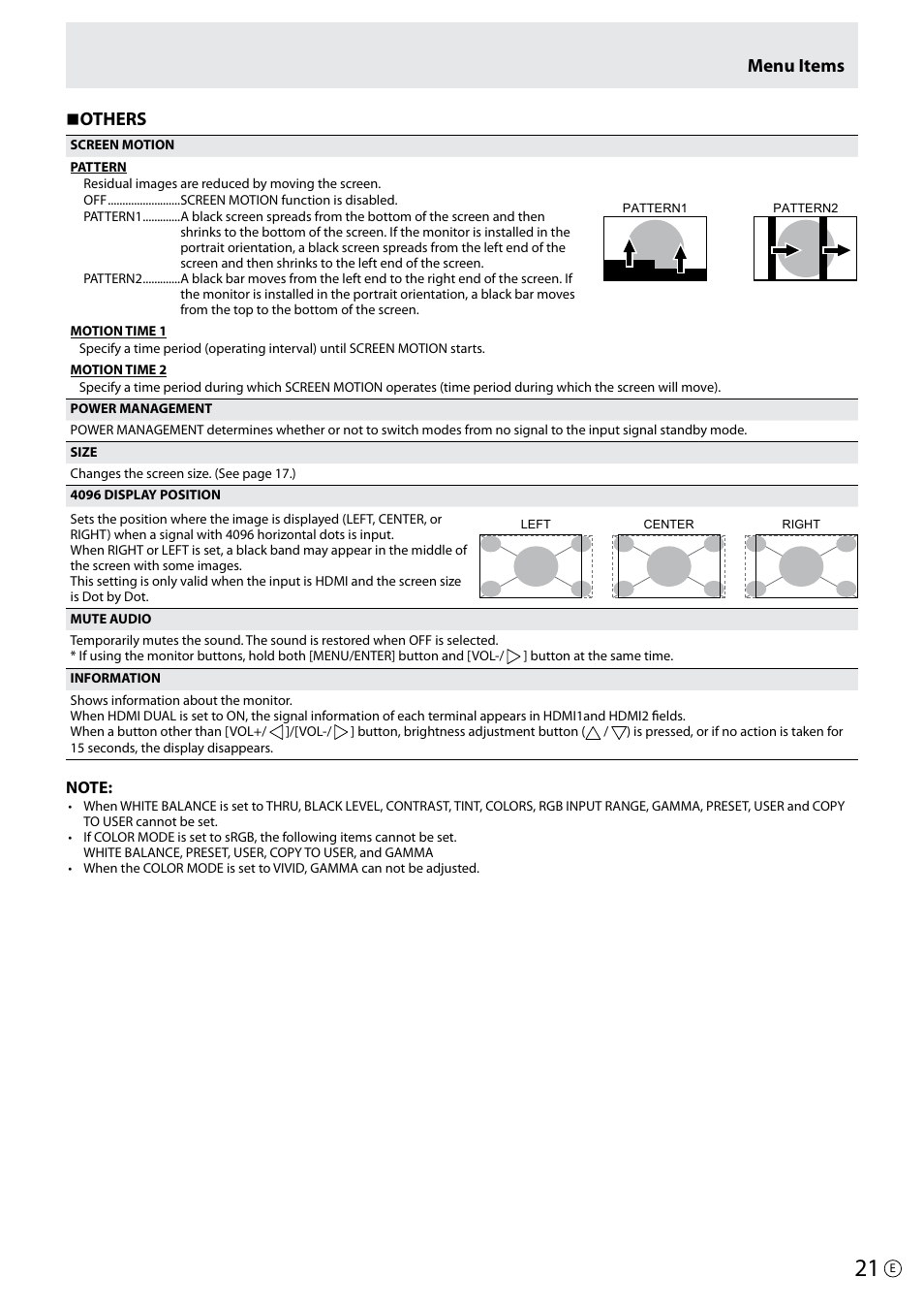 Menu items n others | Asus PQ321Q User Manual | Page 21 / 38