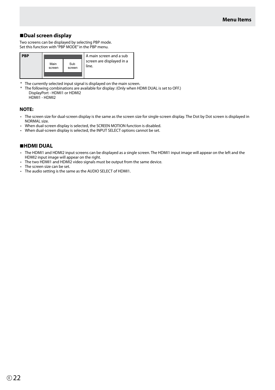 Menu items n dual screen display, N hdmi dual | Asus PQ321Q User Manual | Page 22 / 38