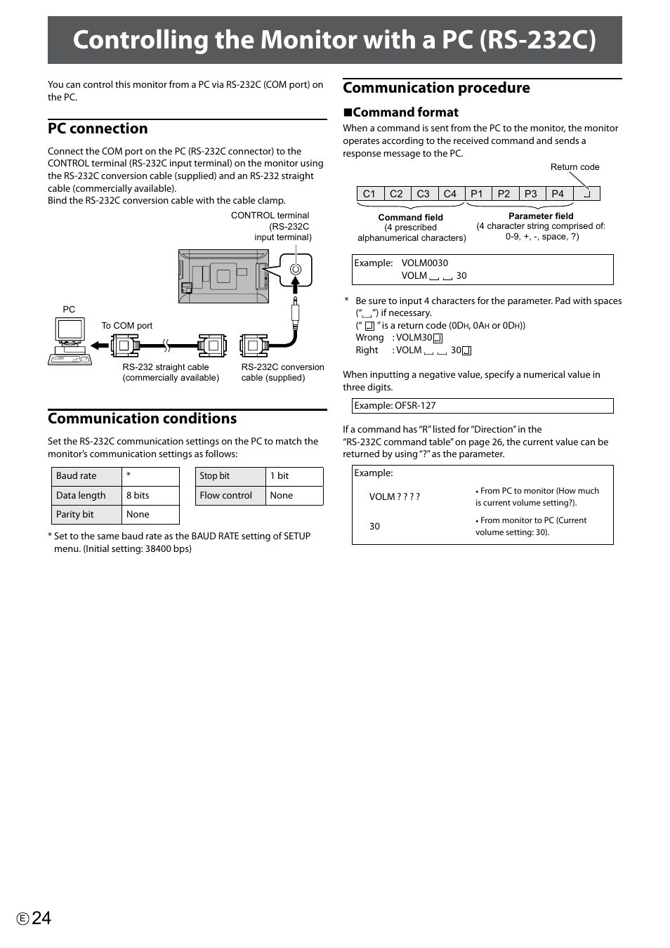 Controlling the monitor with a pc (rs-232c), Pc connection, Communication conditions | Communication procedure, N command format | Asus PQ321Q User Manual | Page 24 / 38