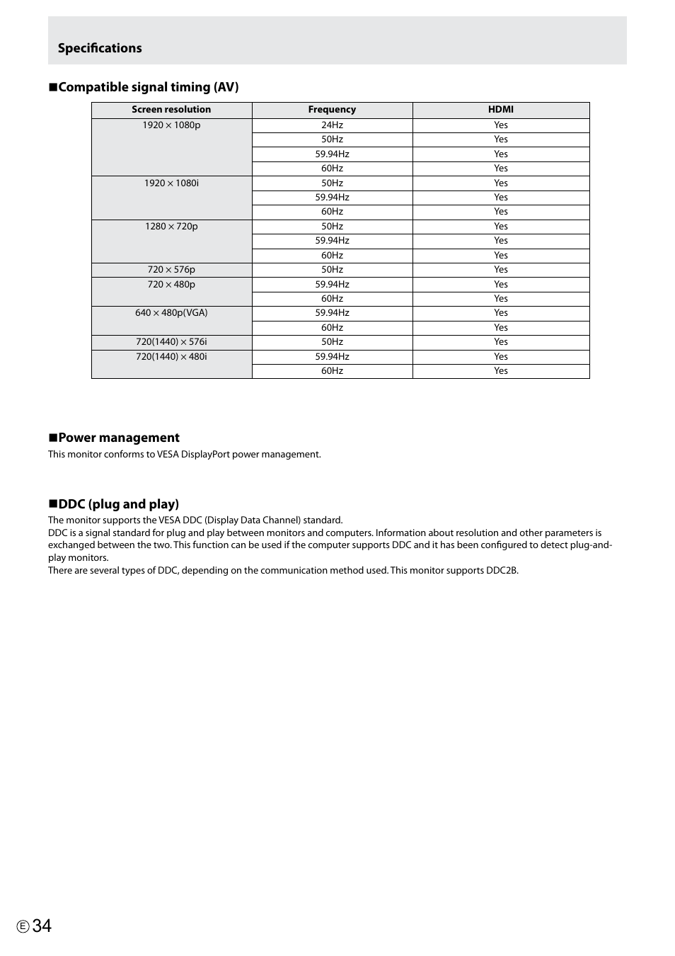 N compatible signal timing (av), N power management, N ddc (plug and play) | Specifications | Asus PQ321Q User Manual | Page 34 / 38