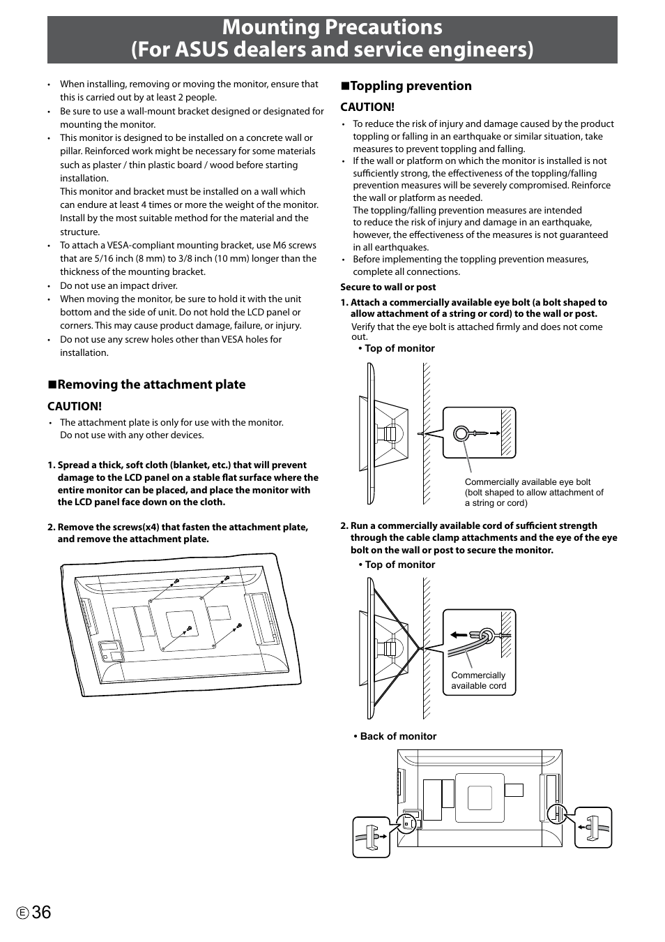 N removing the attachment plate, N toppling prevention | Asus PQ321Q User Manual | Page 36 / 38