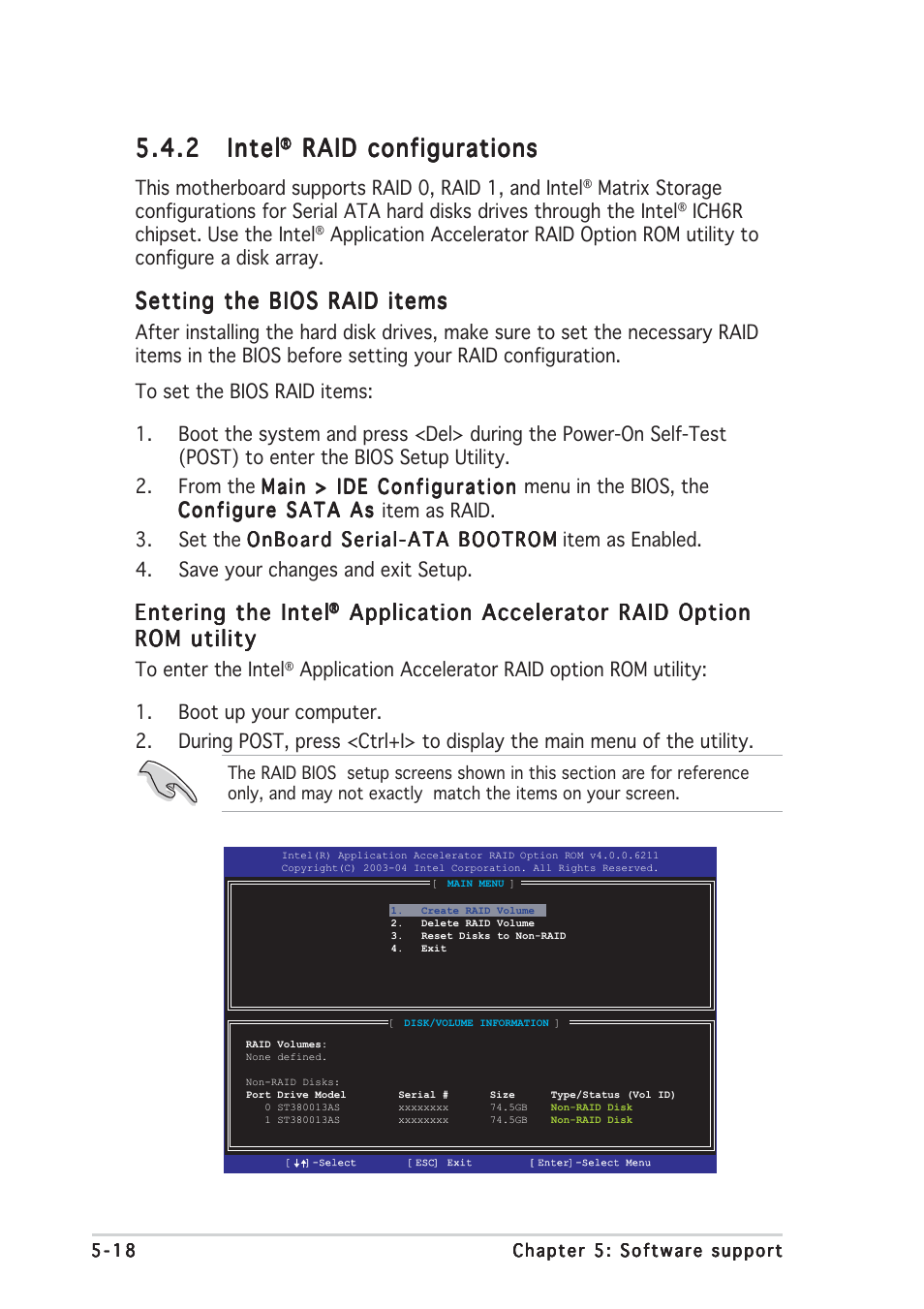 2 intel intel intel intel intel, Raid configurations, Setting the bios raid items | Entering the intel, Application accelerator raid option | Asus P5GDC-V Deluxe User Manual | Page 126 / 136