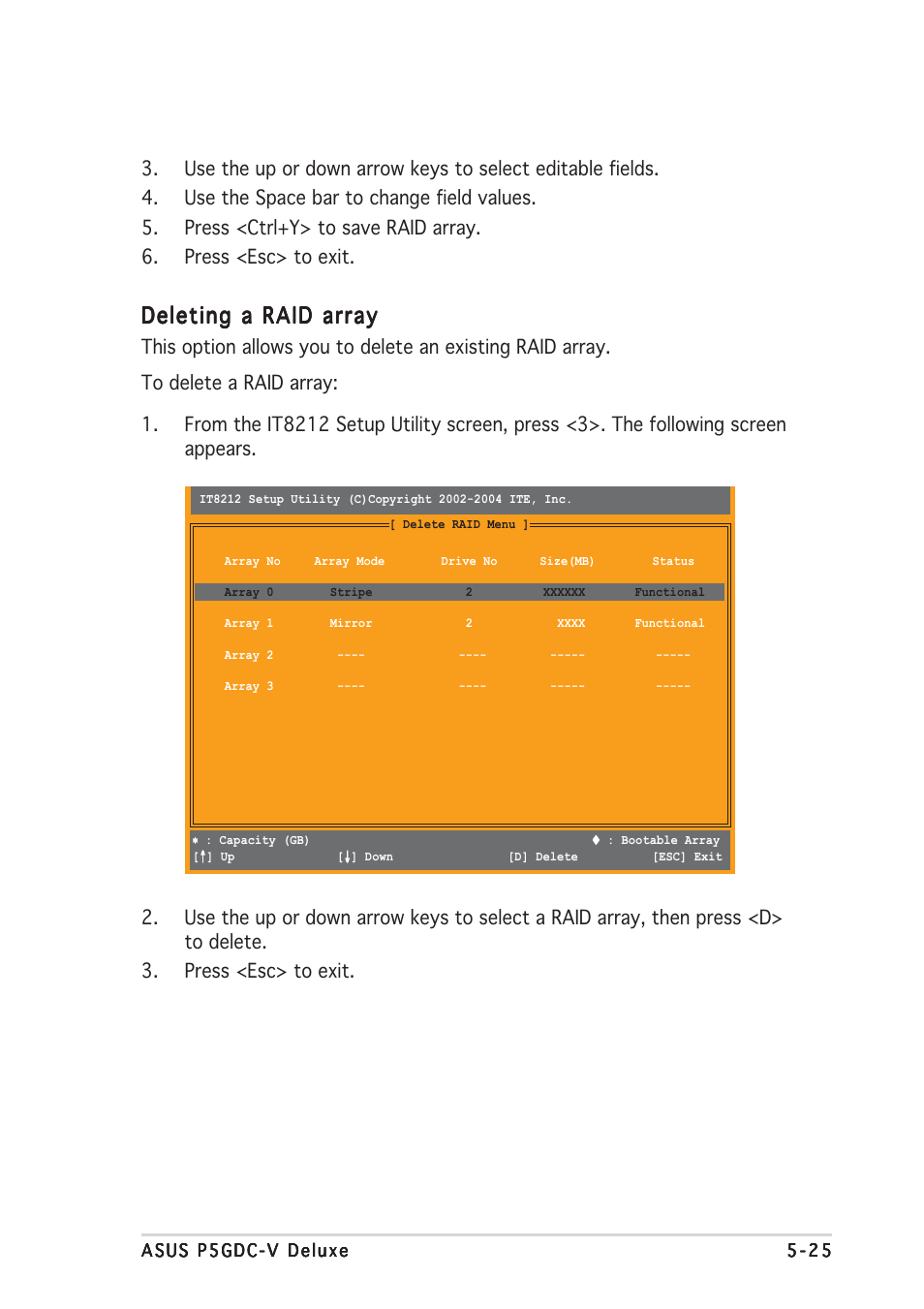 Deleting a raid array | Asus P5GDC-V Deluxe User Manual | Page 133 / 136
