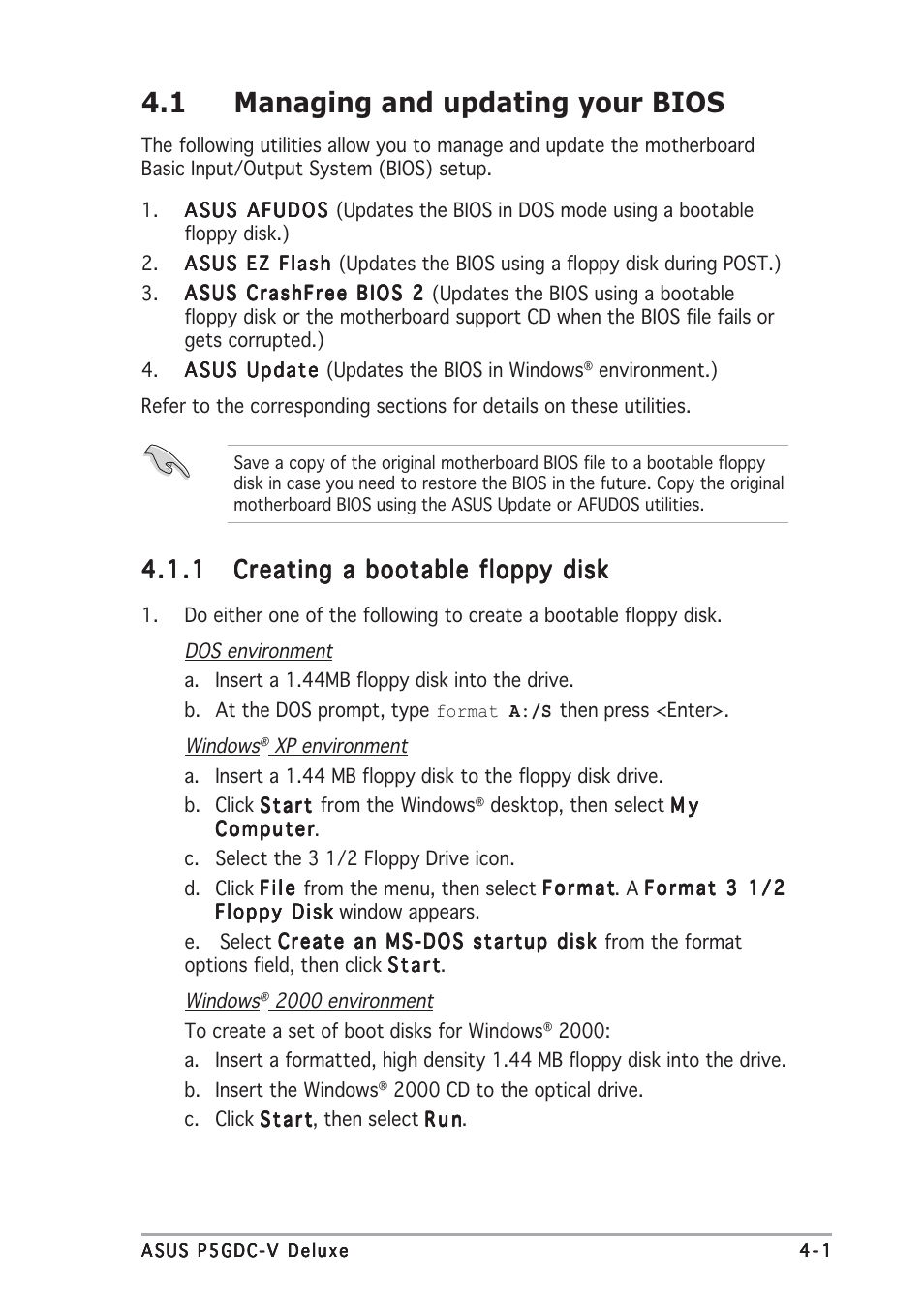 1 managing and updating your bios | Asus P5GDC-V Deluxe User Manual | Page 65 / 136