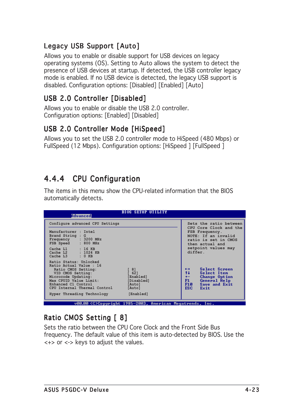 Ratio cmos setting [ 8, Legacy usb support [auto, Usb 2.0 controller [disabled | Usb 2.0 controller mode [hispeed | Asus P5GDC-V Deluxe User Manual | Page 87 / 136