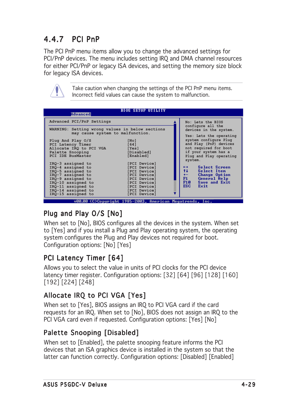 7 pci pnp pci pnp pci pnp pci pnp pci pnp, Plug and play o/s [no, Pci latency timer [64 | Allocate irq to pci vga [yes, Palette snooping [disabled | Asus P5GDC-V Deluxe User Manual | Page 93 / 136