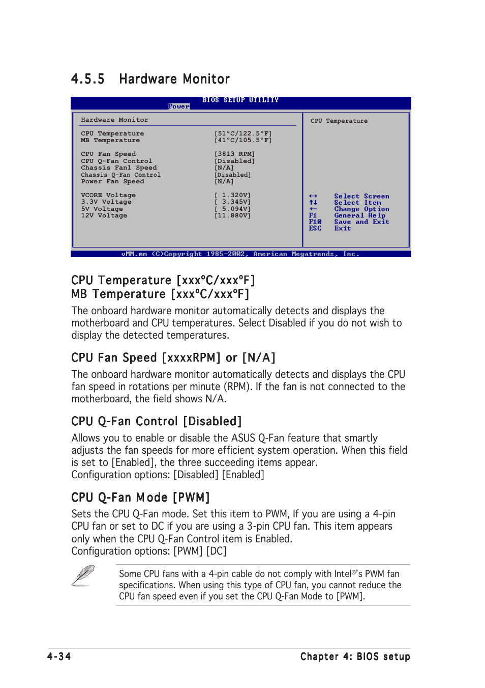 Cpu temperature [xxxºc/xxxºf, Cpu q-fan control [disabled, Cpu q-fan m | Asus P5GDC-V Deluxe User Manual | Page 98 / 136