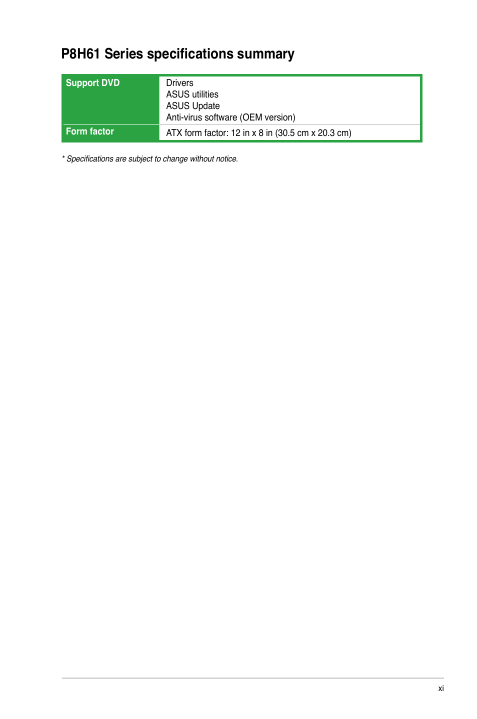 P8h61 series specifications summary | Asus P8H61/USB3 User Manual | Page 11 / 73