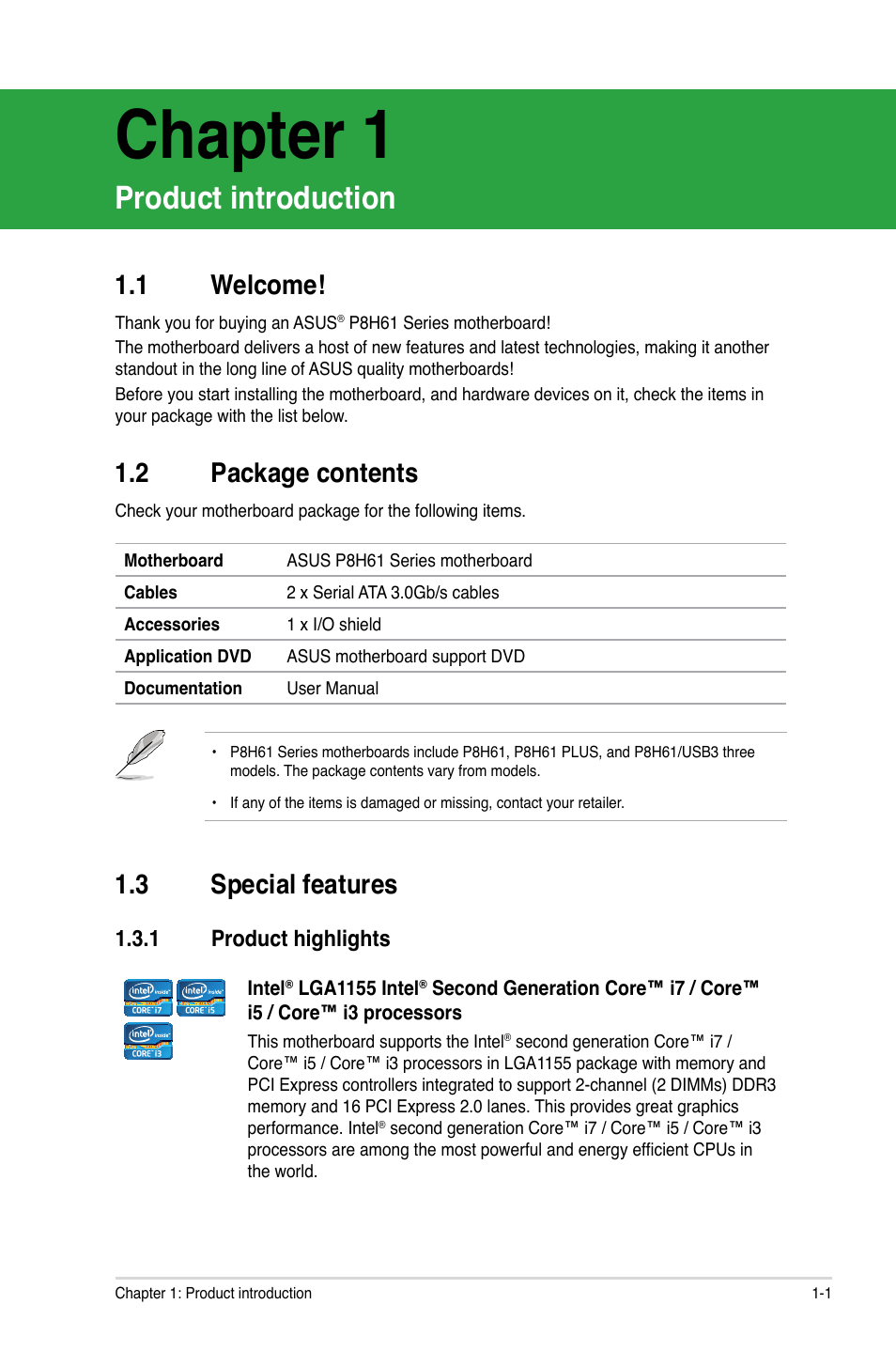 Chapter 1, Product introduction, 1 welcome | 2 package contents, 3 special features, 1 product highlights, Welcome! -1, Package contents -1, Special features -1 1.3.1, Product highlights -1 | Asus P8H61/USB3 User Manual | Page 13 / 73