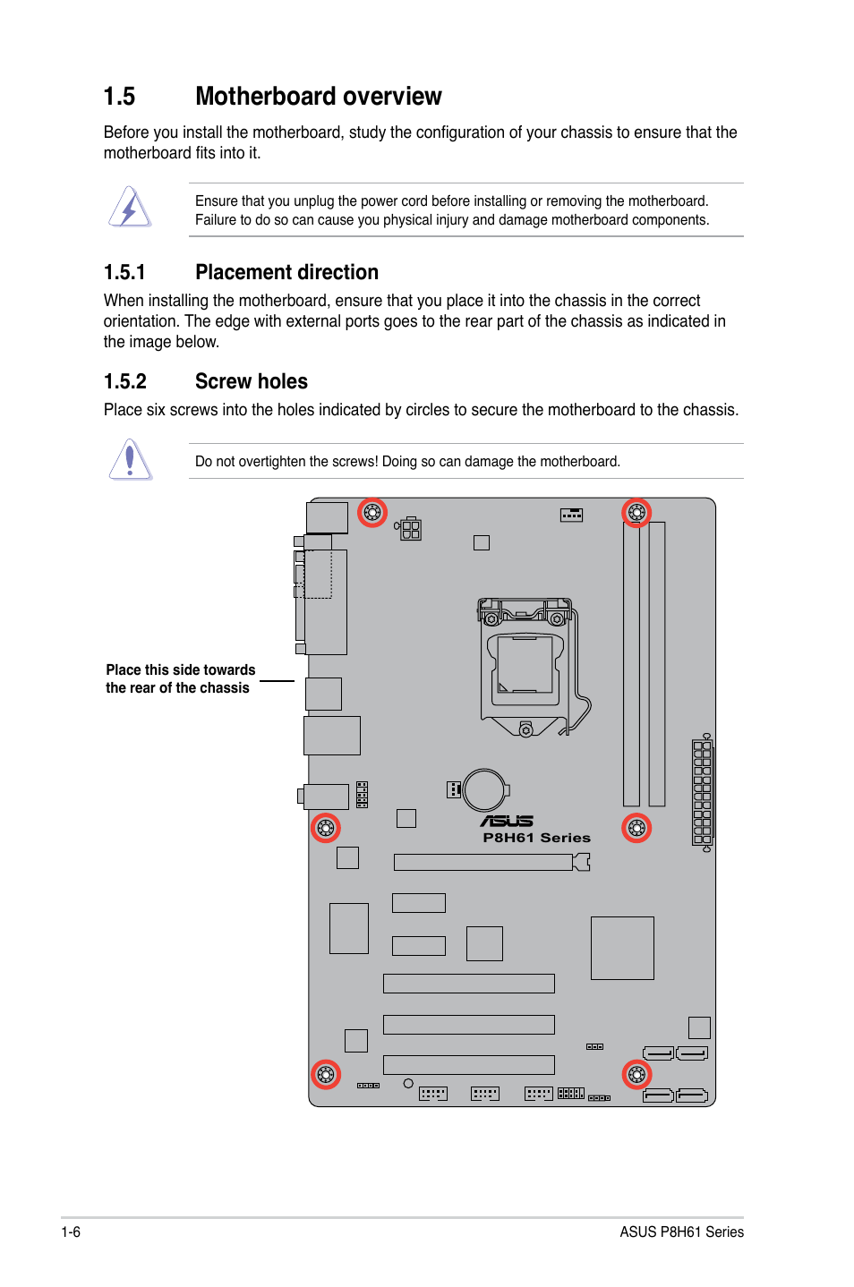 5 motherboard overview, 1 placement direction, 2 screw holes | Motherboard overview -6 1.5.1, Placement direction -6, Screw holes -6 | Asus P8H61/USB3 User Manual | Page 18 / 73