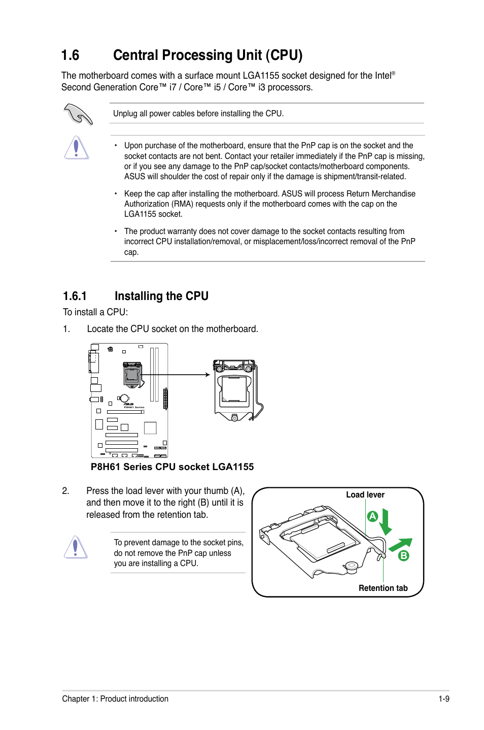 6 central processing unit (cpu), 1 installing the cpu, Central processing unit (cpu) -9 1.6.1 | Installing the cpu -9 | Asus P8H61/USB3 User Manual | Page 21 / 73