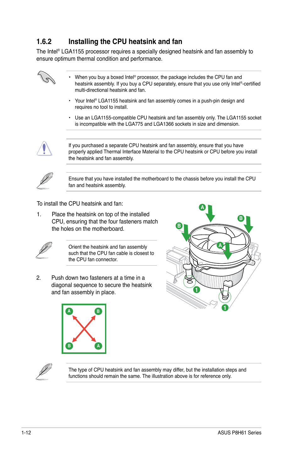 2 installing the cpu heatsink and fan, Installing the cpu heatsink and fan -12 | Asus P8H61/USB3 User Manual | Page 24 / 73