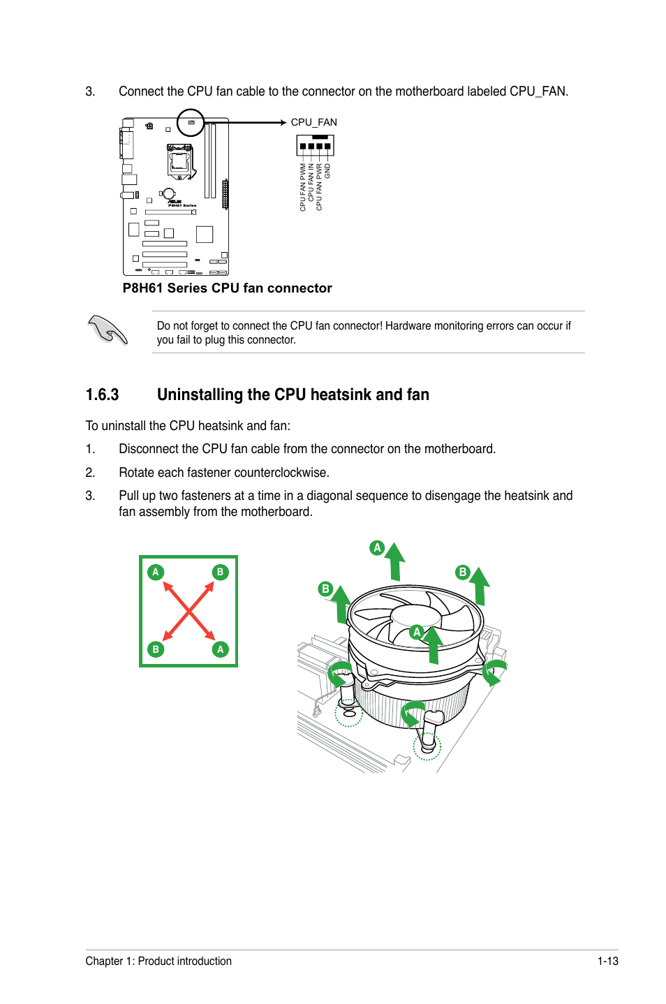 3 uninstalling the cpu heatsink and fan, Uninstalling the cpu heatsink and fan -13, P8h61 series cpu fan connector | Asus P8H61/USB3 User Manual | Page 25 / 73