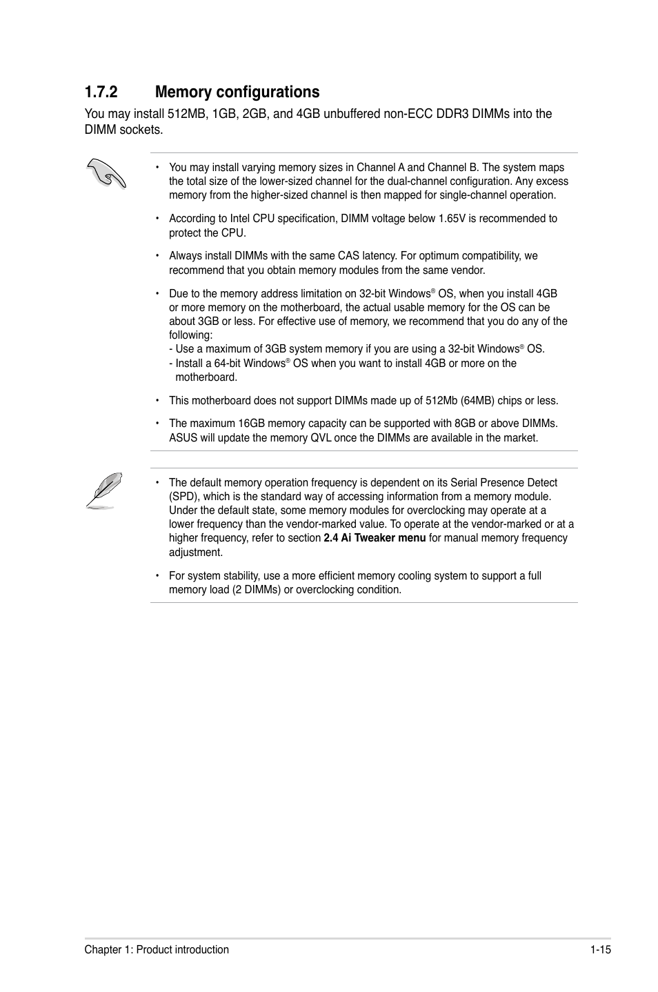 2 memory configurations, Memory configurations -15 | Asus P8H61/USB3 User Manual | Page 27 / 73