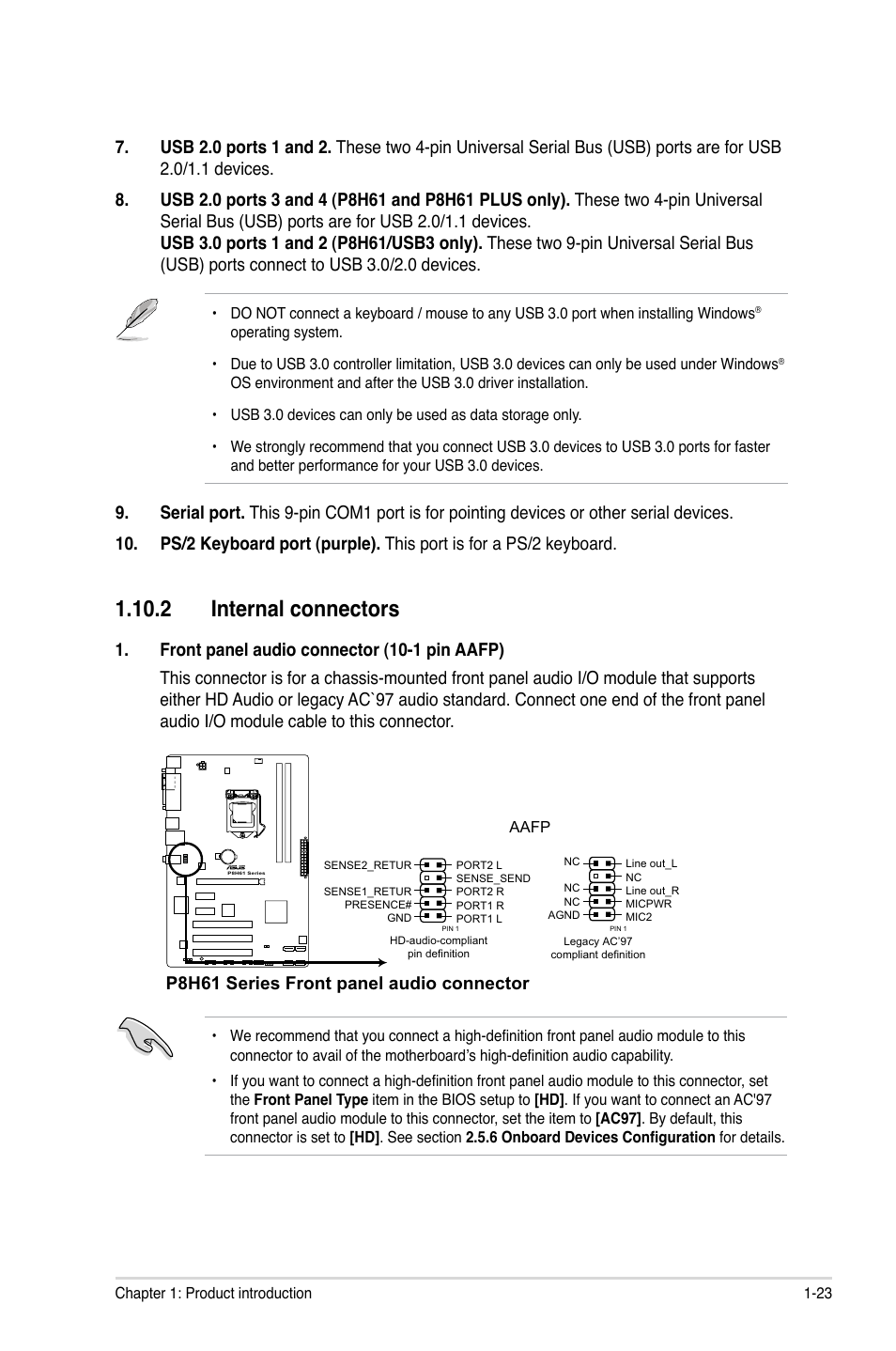 2 internal connectors, 2 internal connectors -23, P8h61 series front panel audio connector | Asus P8H61/USB3 User Manual | Page 35 / 73