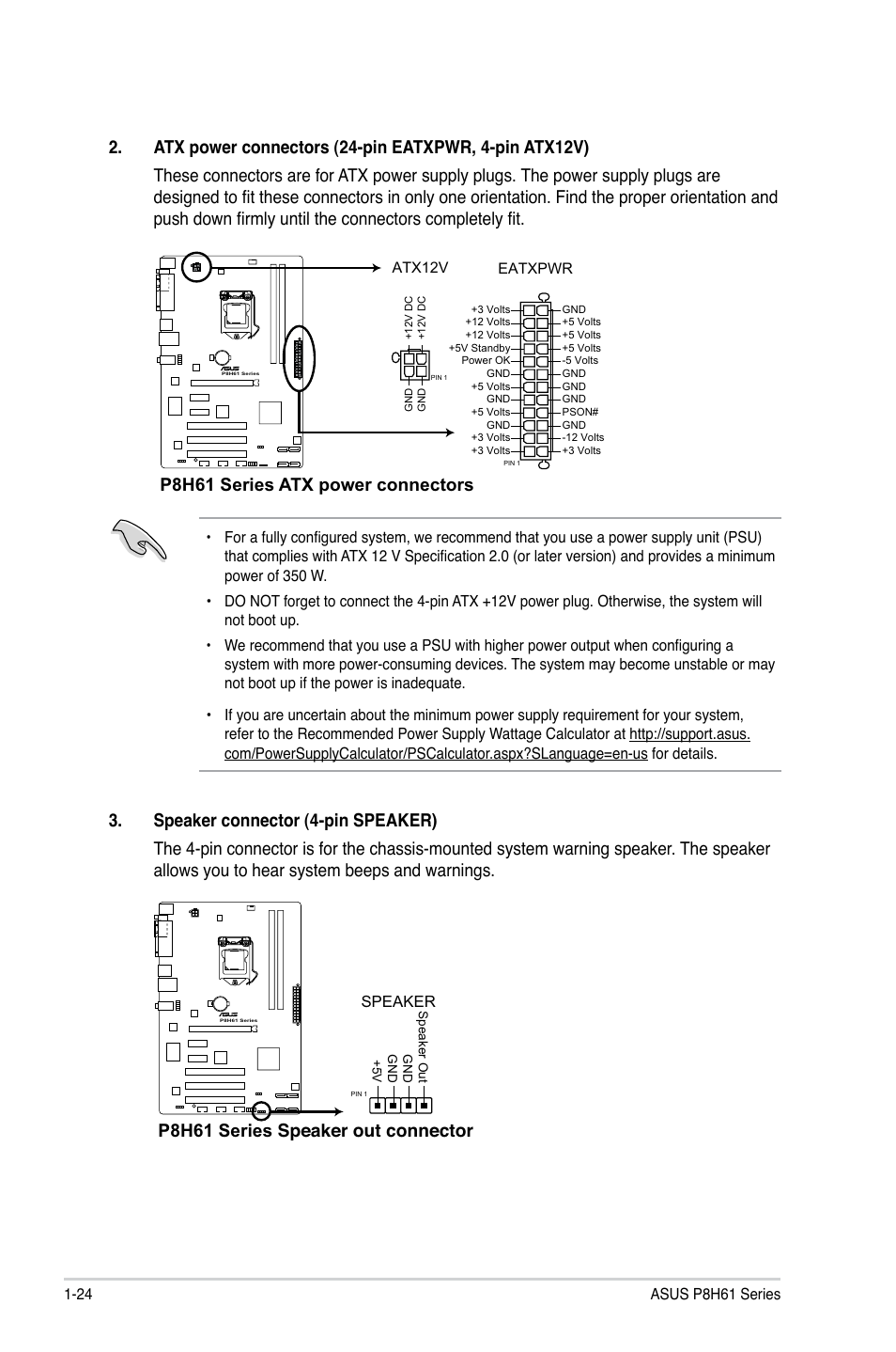 P8h61 series atx power connectors, P8h61 series speaker out connector | Asus P8H61/USB3 User Manual | Page 36 / 73