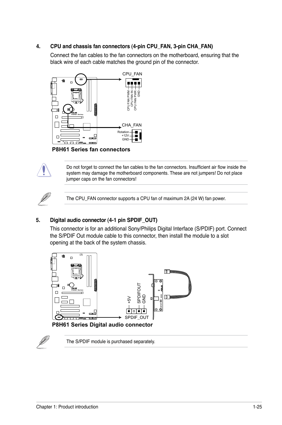 P8h61 series fan connectors, P8h61 series digital audio connector | Asus P8H61/USB3 User Manual | Page 37 / 73