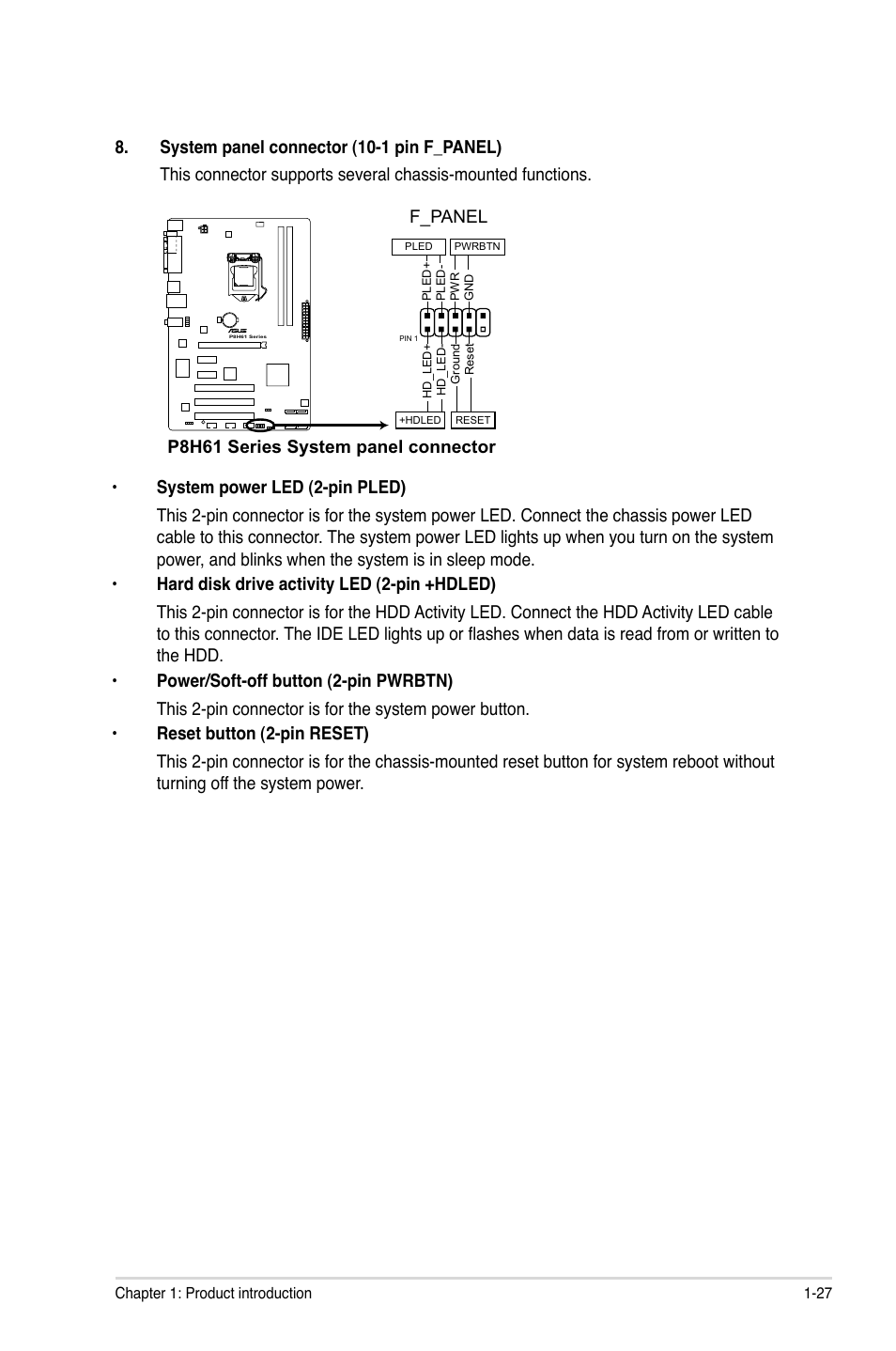 P8h61 series system panel connector, F_panel | Asus P8H61/USB3 User Manual | Page 39 / 73