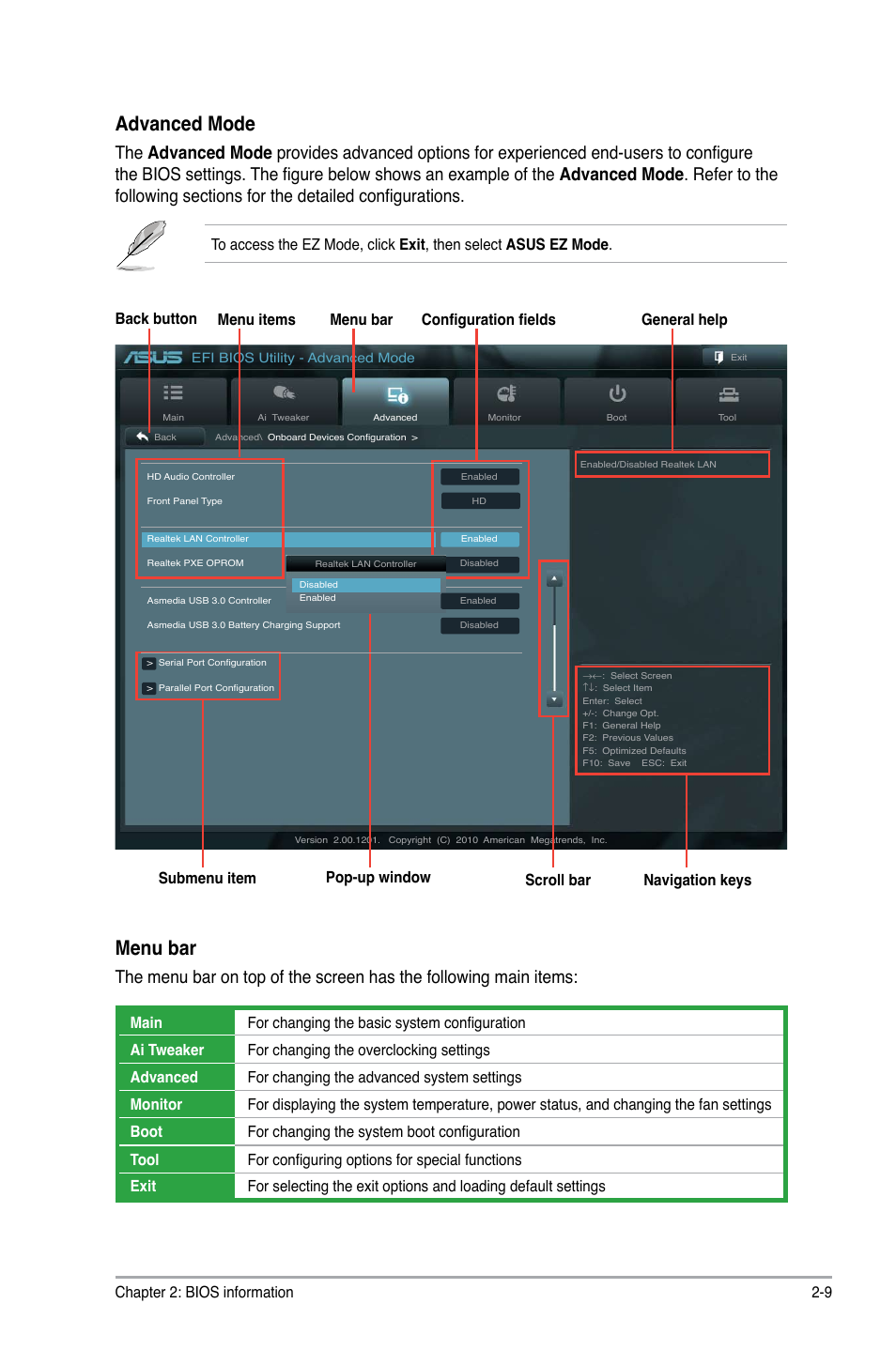 Advanced mode, Menu bar, Chapter 2: bios information 2-9 | Asus P8H61/USB3 User Manual | Page 49 / 73